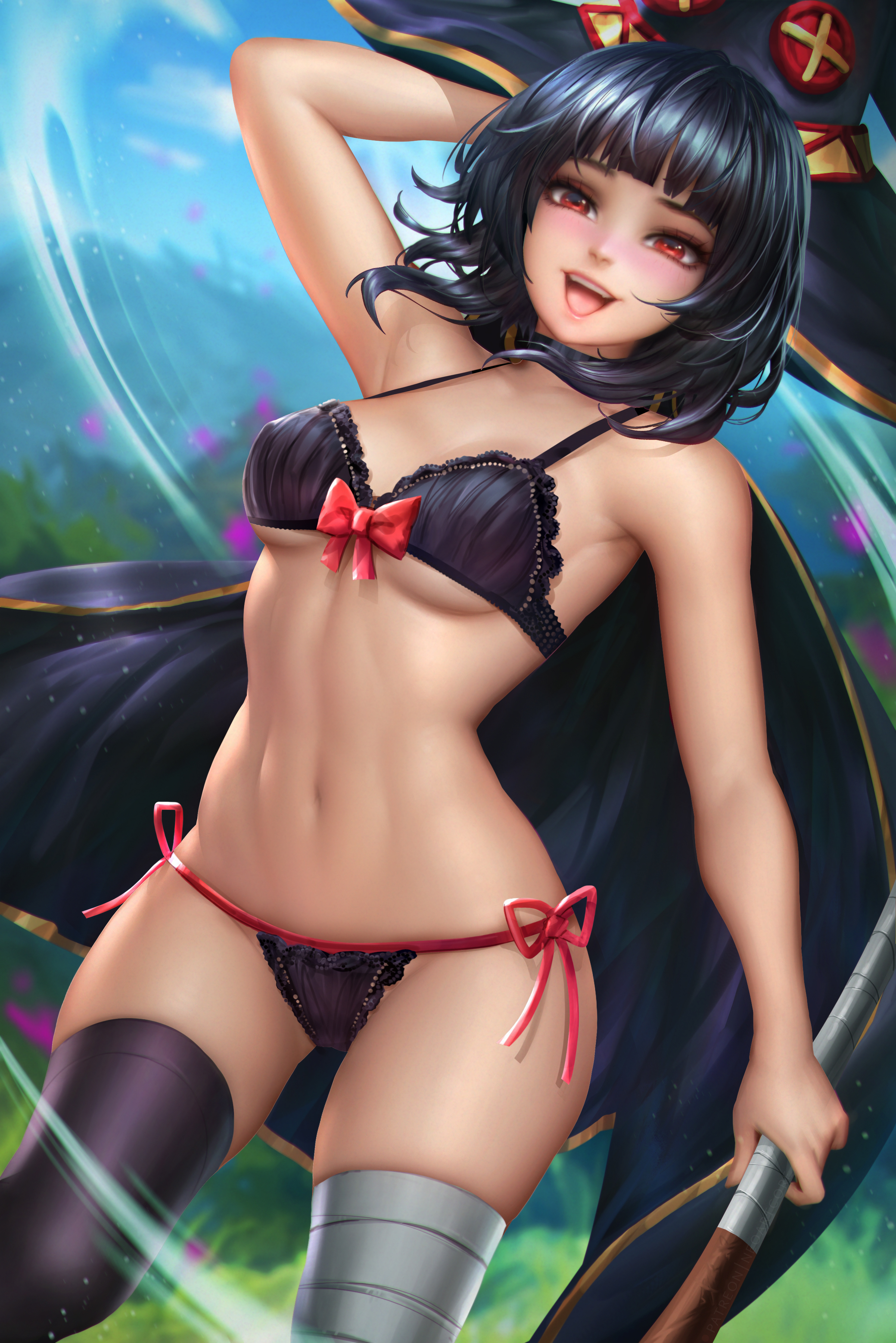 1girls, blush, breasts, female, female only, fit, fit female, kono subarashii sekai ni shukufuku wo!, lingerie, medium breasts, megumin, navel, neoartcore, panties, red eyes, short hair, side-tie panties, solo, solo female, underboob, underwear, wide hips, witch hat