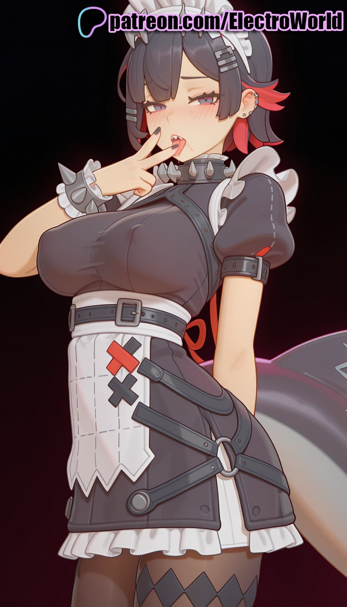 1girls, 2025, ai generated, apron, artist name, black hair, blush, breasts, bust, chest, ear piercing, earrings, electroworld, ellen joe, female, hair ornament, hairclip, hi res, high quality, high resolution, highres, jewelry, maid, maid headdress, pantyhose, patreon, patreon username, piercing, short sleeves, solo, stable diffusion, watermark, zenless zone zero