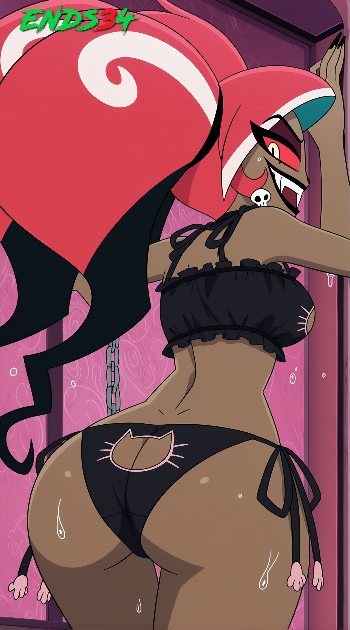ai generated, ass, ass focus, dark-skinned female, ends34, female, female only, from behind, hazbin hotel, looking at viewer, pink hair, red eyes, velvette, wet
