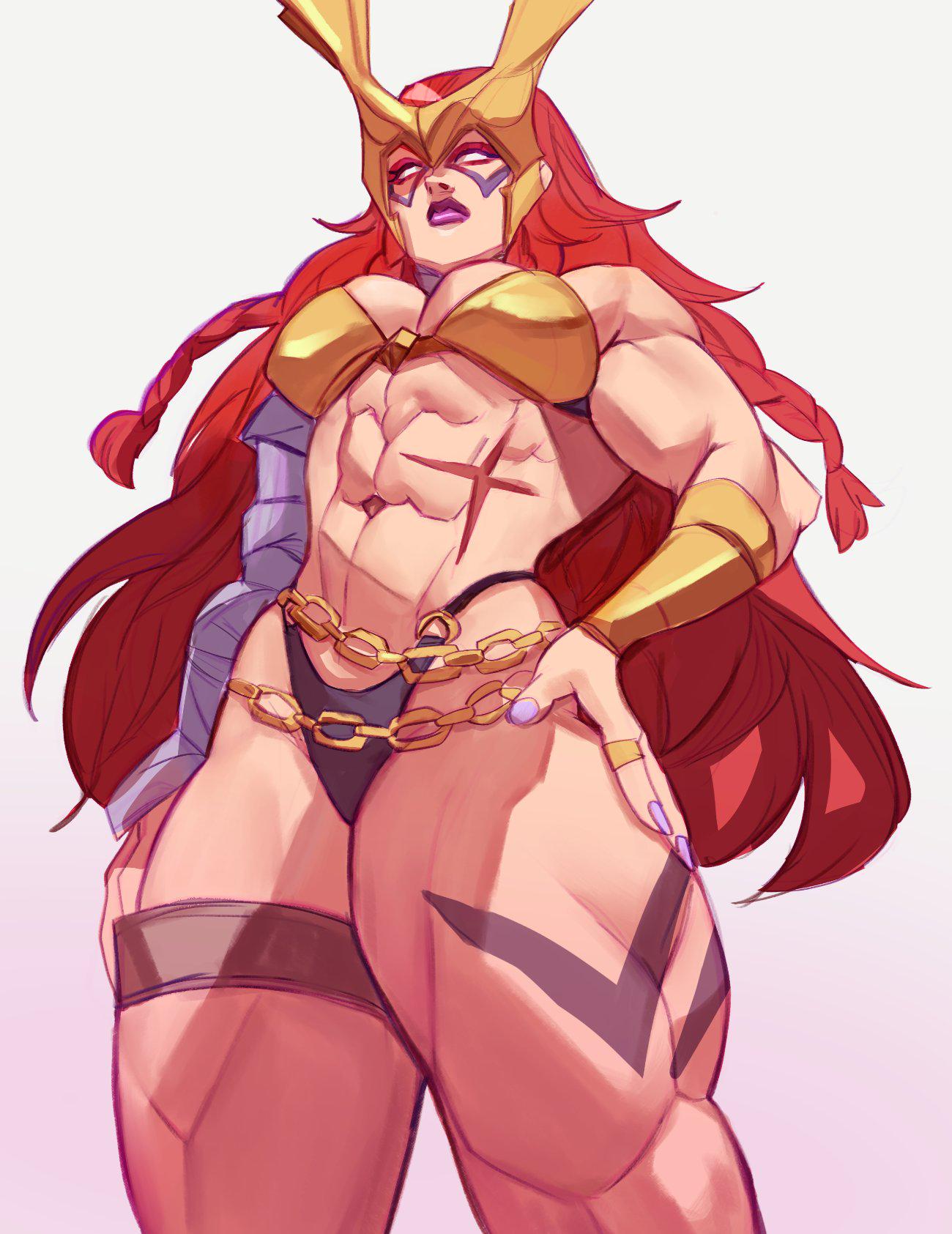1girls, abs, angela (aldrif odinsdottir), bikini armor, breasts, cleavage, dlusional, female, female only, low-angle view, marvel, marvel comics, marvel rivals, muscular, muscular female, red hair, scar, solo, thick thighs, thor (series)