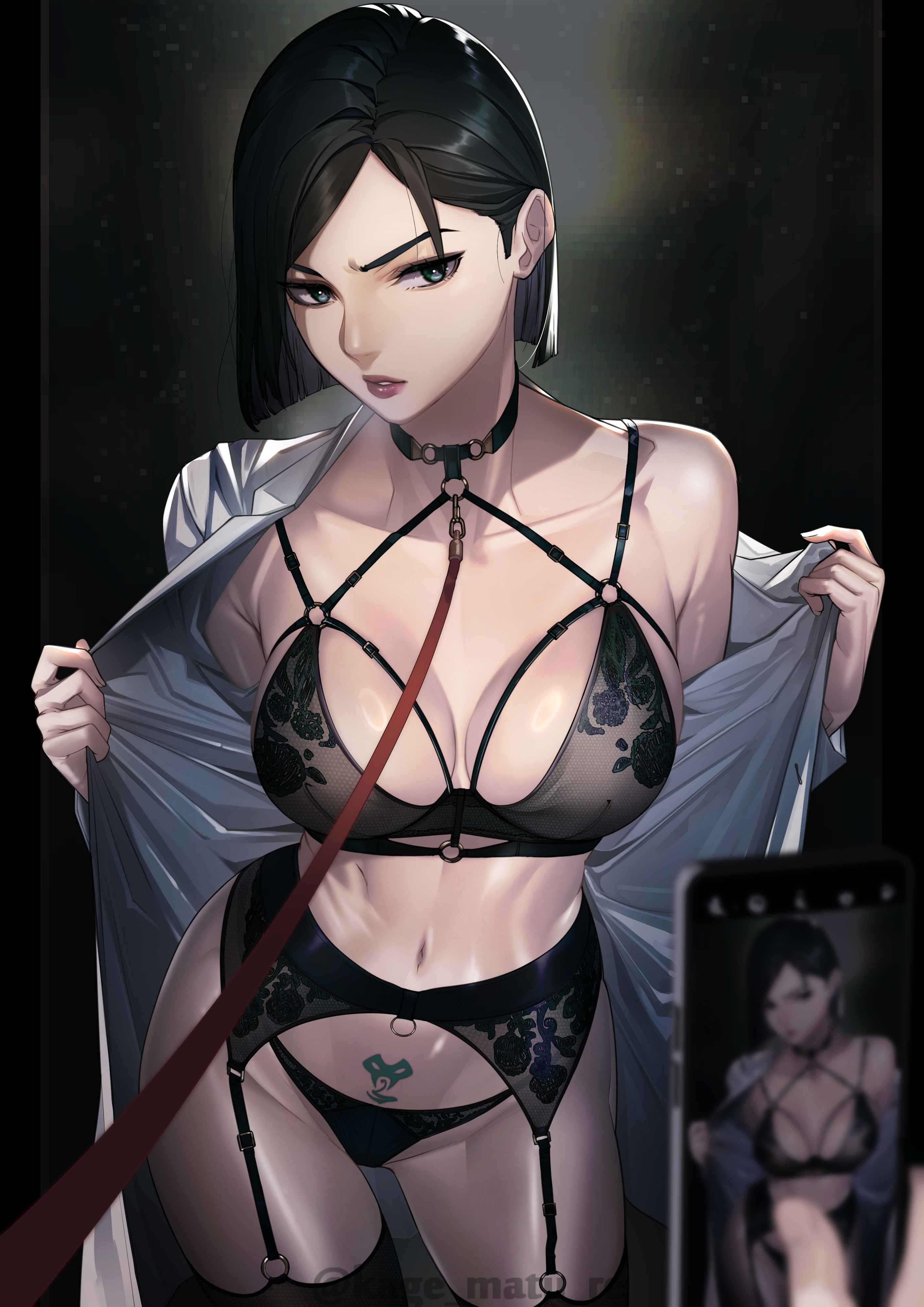 absurdres, black bra, black hair, black panties, bra, branding mark, breasts, cellphone, choker, cleavage, collar, collarbone, commentary request, exhibitionism, female, garter belt, garter straps, green eyes, groin, highres, holding, holding phone, kagematsuri, leash, lingerie, looking at viewer, medium breasts, navel, open clothes, open shirt, panties, parted lips, phone, pov, pubic tattoo, public indecency, shirt, short hair, single bare shoulder, smartphone, tattoo, underwear, undressing, valorant, viewer holding phone, viper (valorant), white shirt