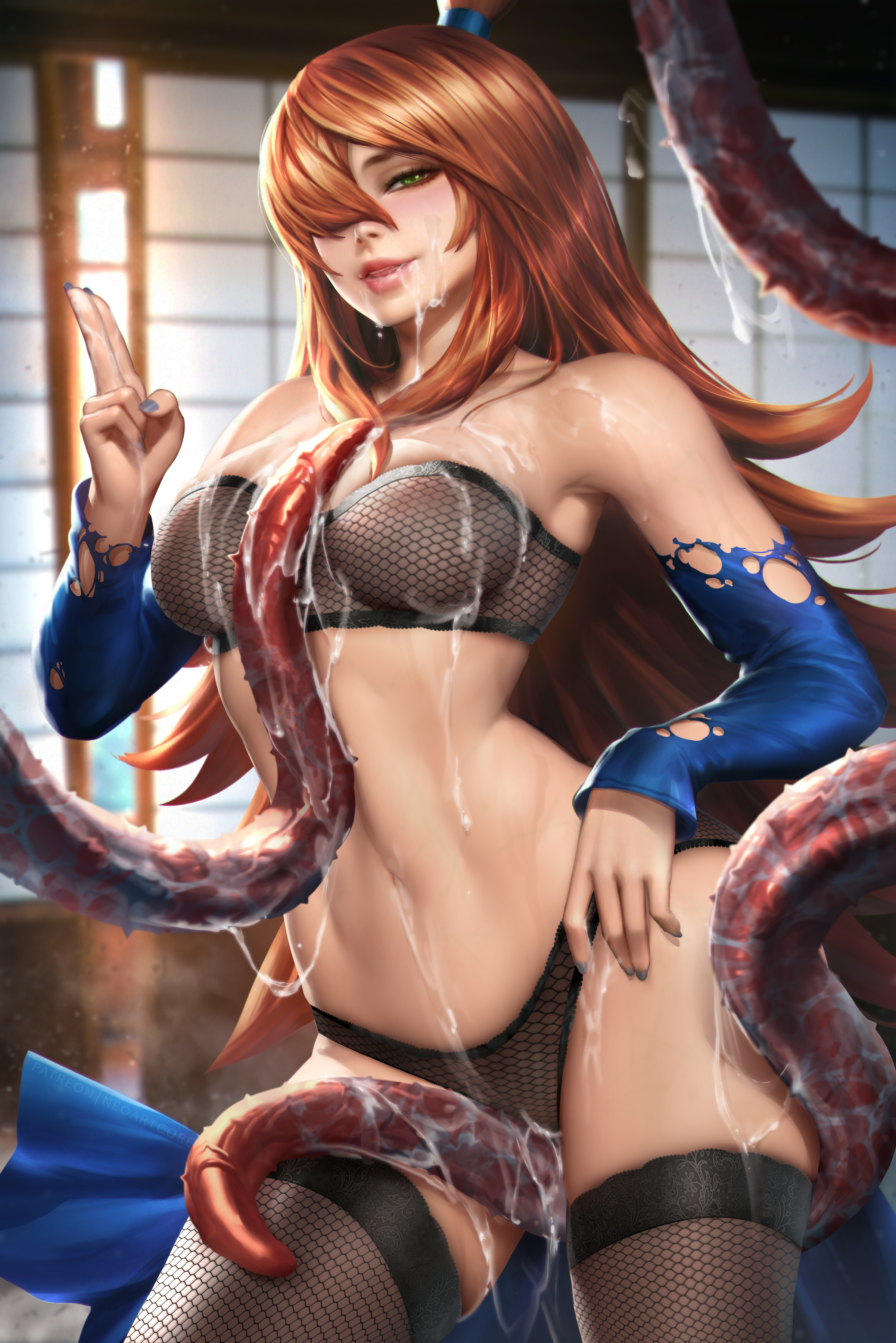 1girls, big breasts, bra, breasts, brown hair, clothed, female, female focus, female only, green eyes, long hair, mature, mature female, mei terumi, naruto, naruto (series), naruto shippuden, neoartcore, panties, tagme, tentacle