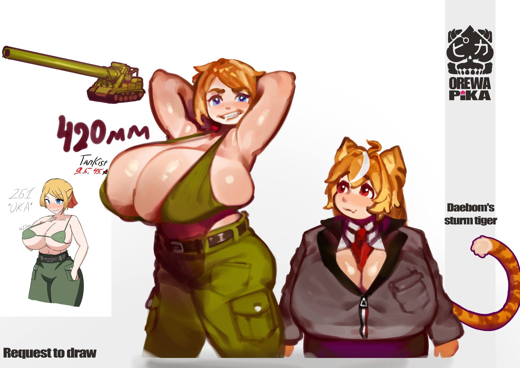 2girls, bigger female, blush, boob window, breasts, breasts bigger than head, bursting breasts, button gap, fan character, fang, female, gigantic breasts, height difference, hyper, hyper breasts, orewapika, original character, partially unbuttoned, partially unzipped, shortstack, size difference, sturm tiger, sturmtiger, sturmtiger (daebom), tank top, tie, tie between breasts, tight clothing, top heavy, top heavy breasts, war thunder