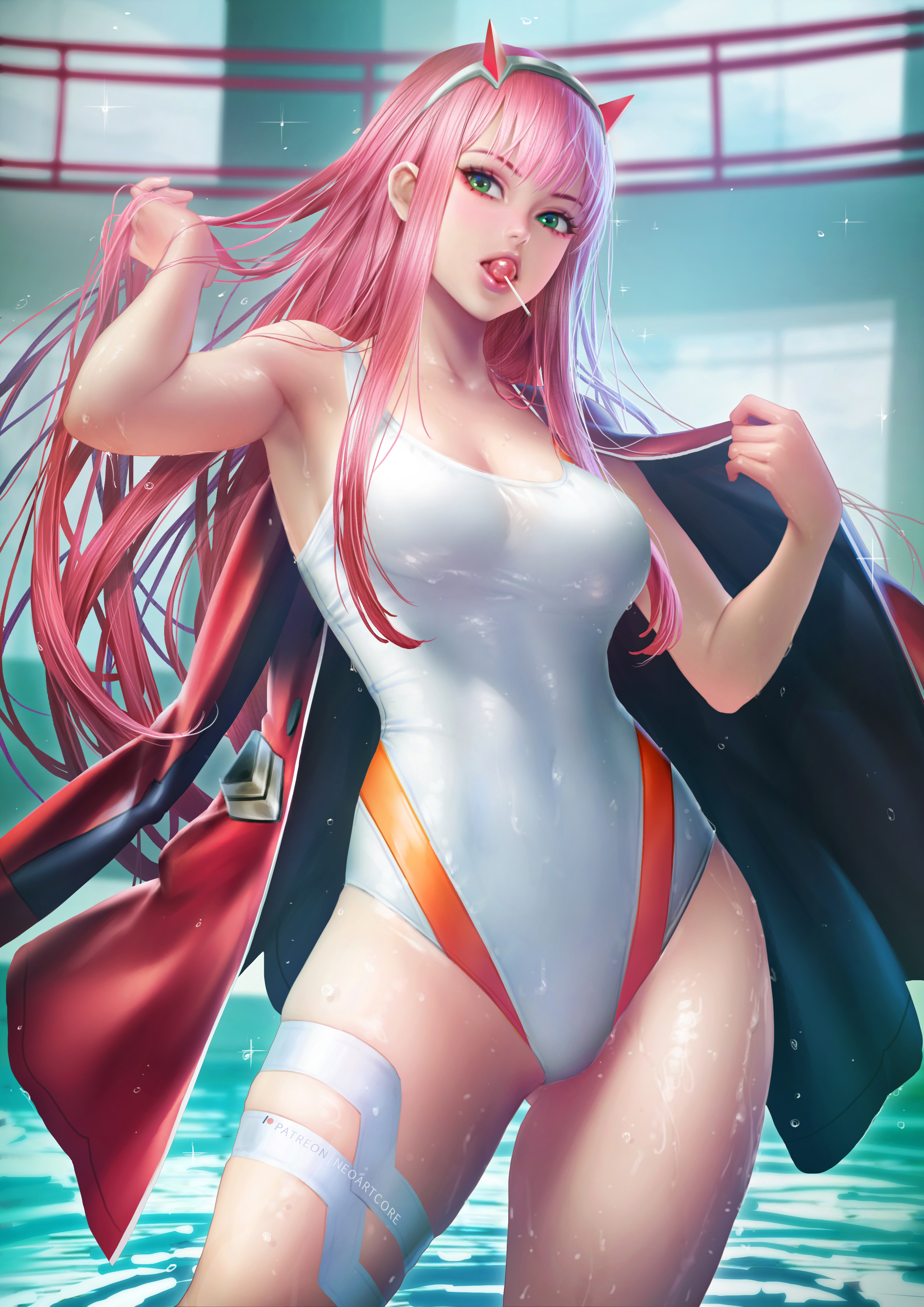 1girls, armpits, cleavage, clothed, clothed female, clothes, clothing, darling in the franxx, dripping, female, female only, fully clothed, green eyes, lollipop, long hair, neoartcore, one-piece swimsuit, pink hair, pool, solo, swimsuit, wet, zero two (darling in the franxx)