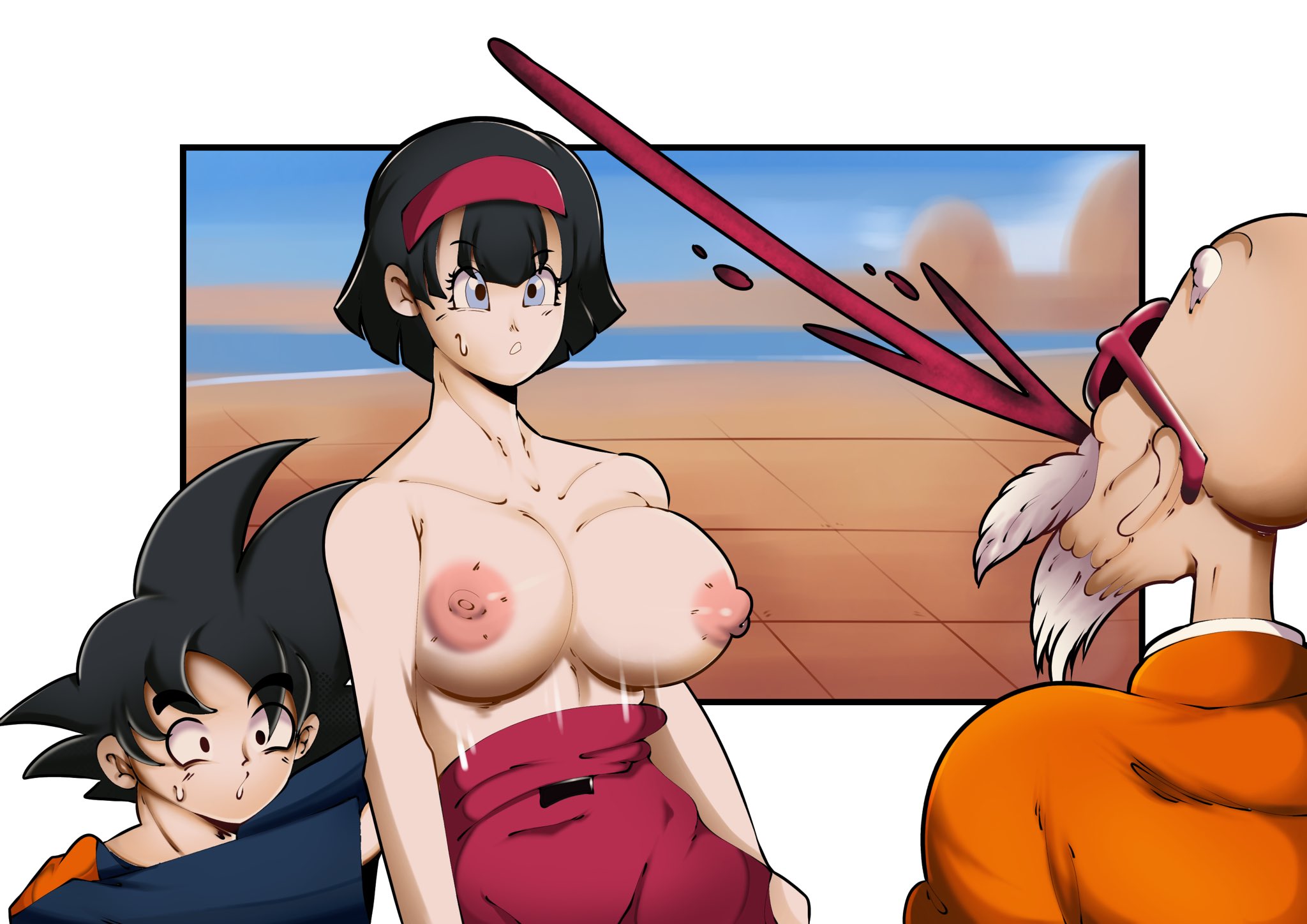 1girls, 2boys, assisted exposure, bagxh, big breasts, black hair, blood, blue eyes, breasts, dragon ball, dragon ball super, female, flashing breasts, huge breasts, large breasts, male, master roshi, milf, multiple boys, multiple males, nosebleed, senftember, senftember (2025), son goten, videl