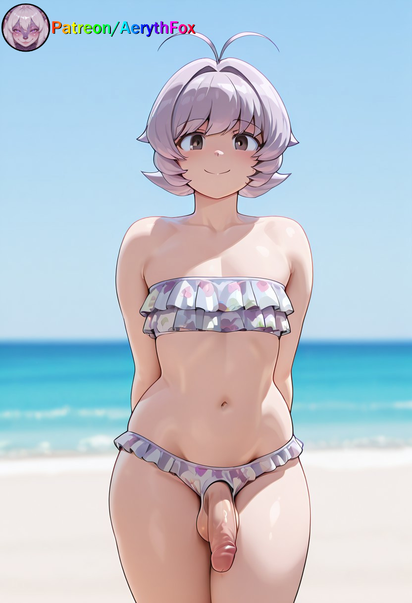 1boy, aerythfox, ai generated, balls, bikini, femboy, komi-san wa komyushou desu, male, navel, osana najimi, otoko no ko, otokonoko, patreon, patreon username, penis, purple hair, small penis, smile, solo, testicles, uncensored