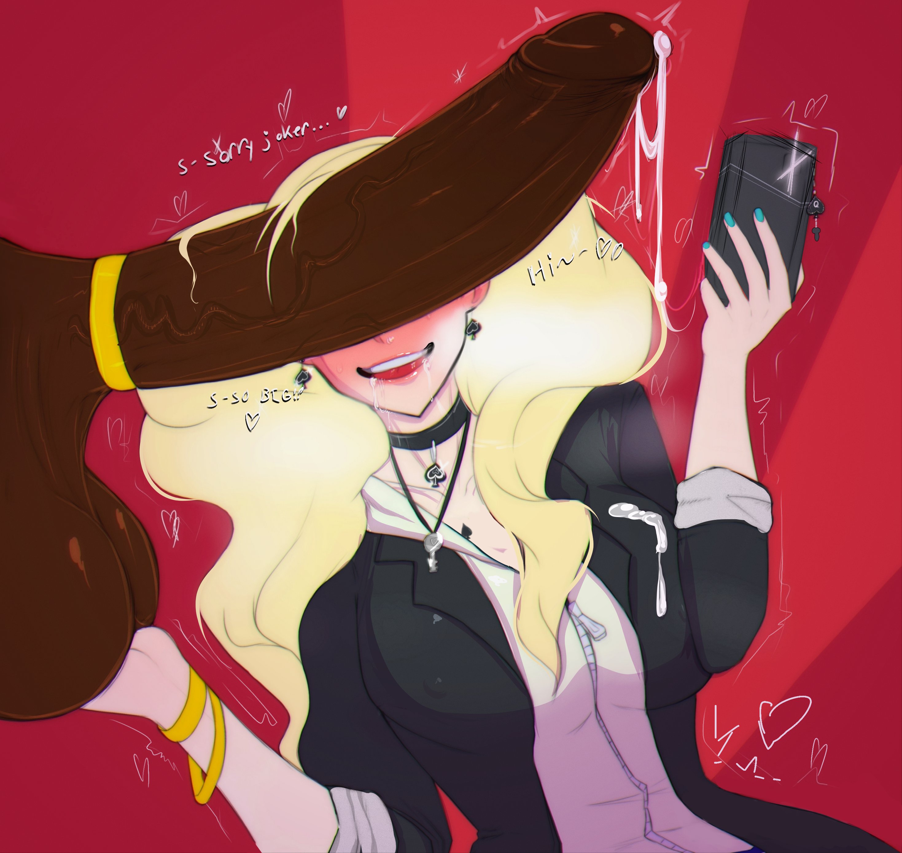 1boy, 1girls, ann takamaki, cock ring, dark penis, dark-skinned male, dialogue, female, gigantic penis, huge cock, male, massive penis, netorare, ntr, penis, penis over eyes, persona, persona 5, queen of spades, snickerz, text