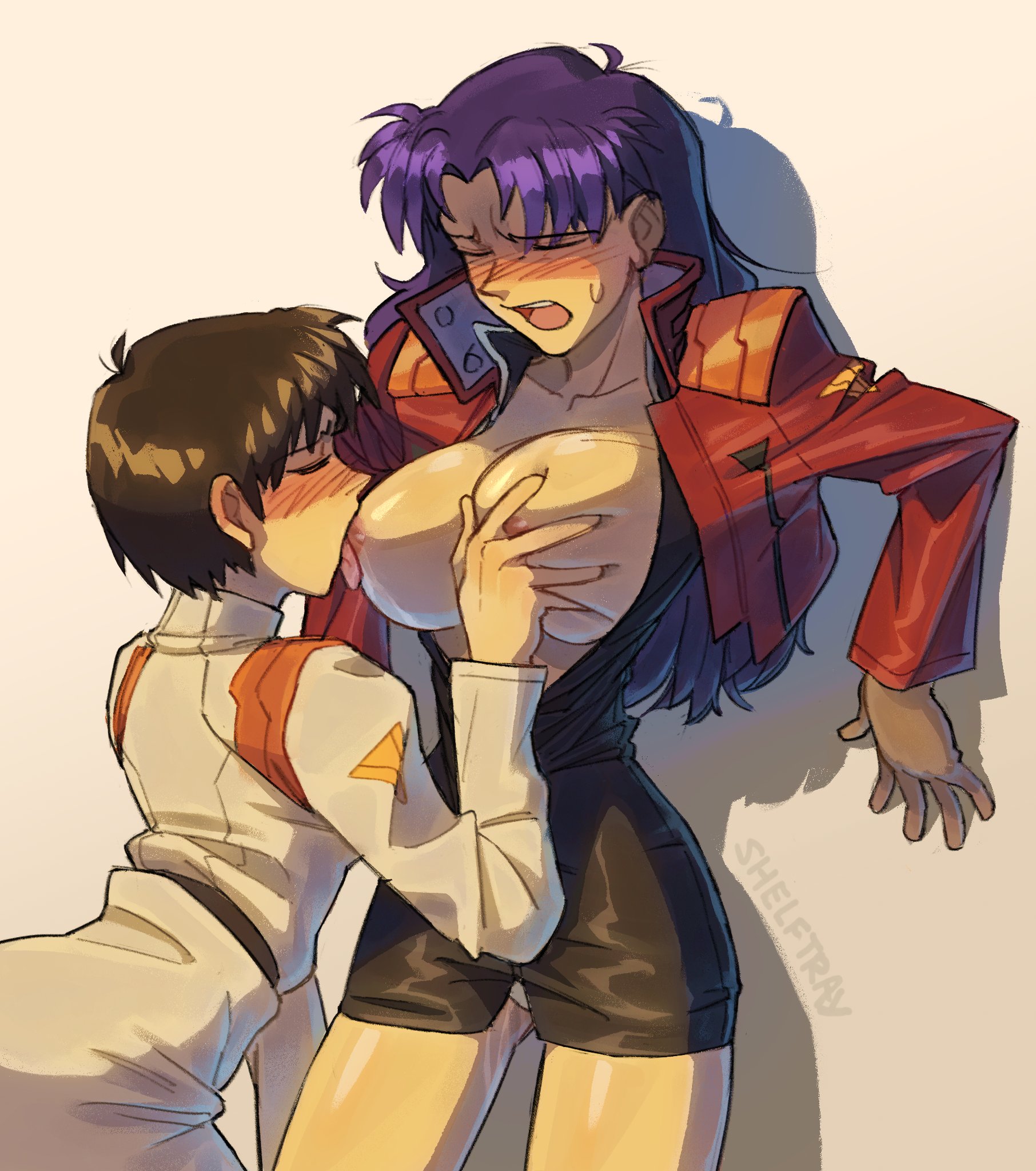 2girls, breast size difference, breast sucking, breasts, closed eyes, female, female only, groping breasts, hand on breast, long hair, maya ibuki, misato katsuragi, moaning, neon genesis evangelion, nipples, purple hair, shelftray, short hair, sucking huge breast, woman sucking breast, yuri