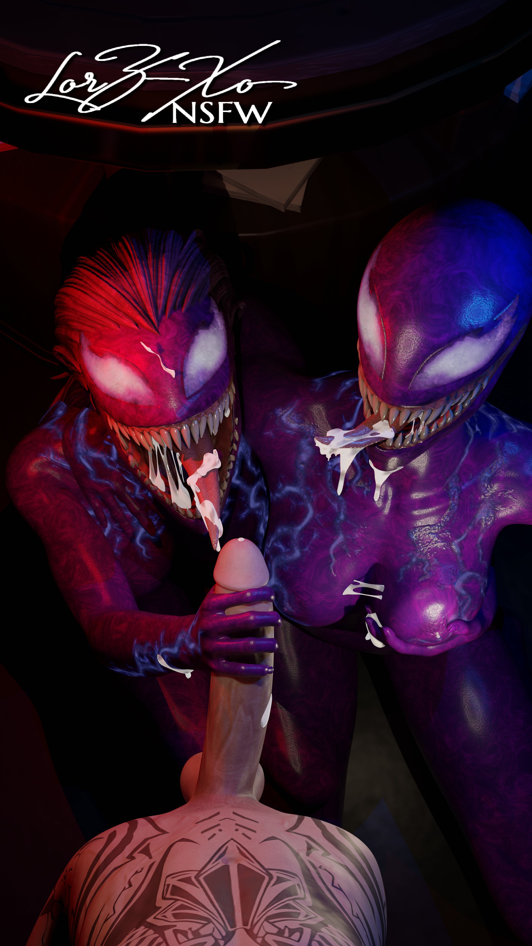 1boy, 2girls, 3d, agony (spider-man), alternate version at source, balls, breasts, cum, cum in mouth, cum on tongue, erection, female, fortnite, grabbing own breast, hand on penis, long tongue, lxrz xo, male, marvel, marvel comics, midas (fortnite), monster, monster girl, nipples, penis, purple skin, red skin, sharp teeth, she-venom, symbiote, tongue, tongue out, venom