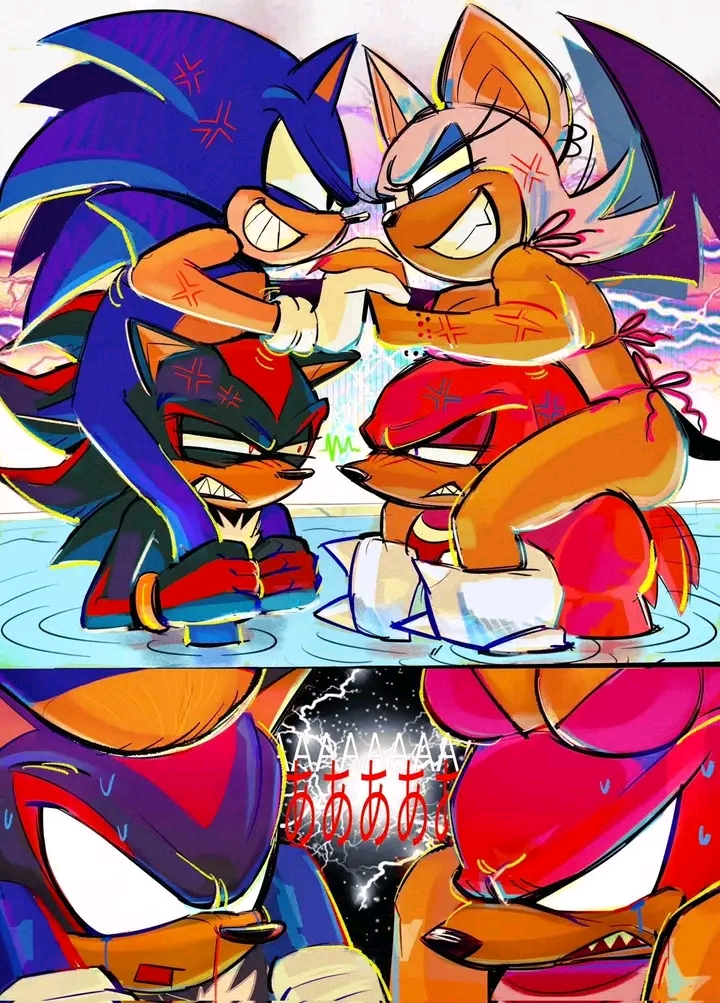 ass, big breasts, bikini, bikini bottom, bikini top, breasts, chicken fight, female, ggll00mm, knuckles the echidna, nosebleed, rouge the bat, sega, shadow the hedgehog, sitting on shoulders, sonic (series), sonic the hedgehog, sonic the hedgehog (series)