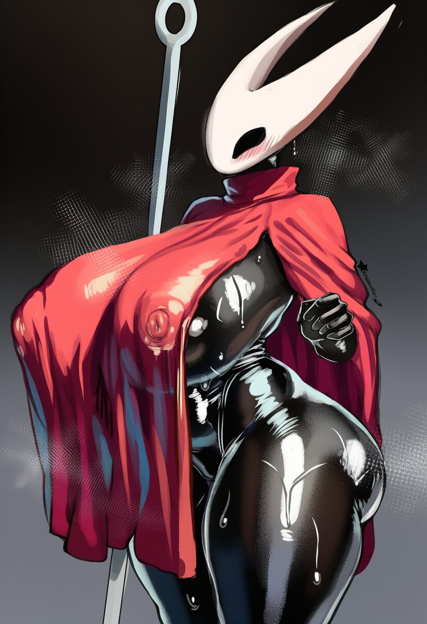 1girls, 2 horns, ai generated, big ass, big breasts, big butt, black body, black skin, blush, breasts, bubble ass, bubble butt, bug girl, cape, cloak, curvy, curvy figure, female, female focus, female only, hollow knight, hollow knight: silksong, hood, hornet (hollow knight), huge breasts, large ass, large butt, nipple bulge, nipple outline, nipples, no bra, shaded, shiny, simple background, sniksnak99, solo, standing, sweat, sweatdrop, sweating, sword, thick thighs, thighs, voluptuous, voluptuous female, weapon