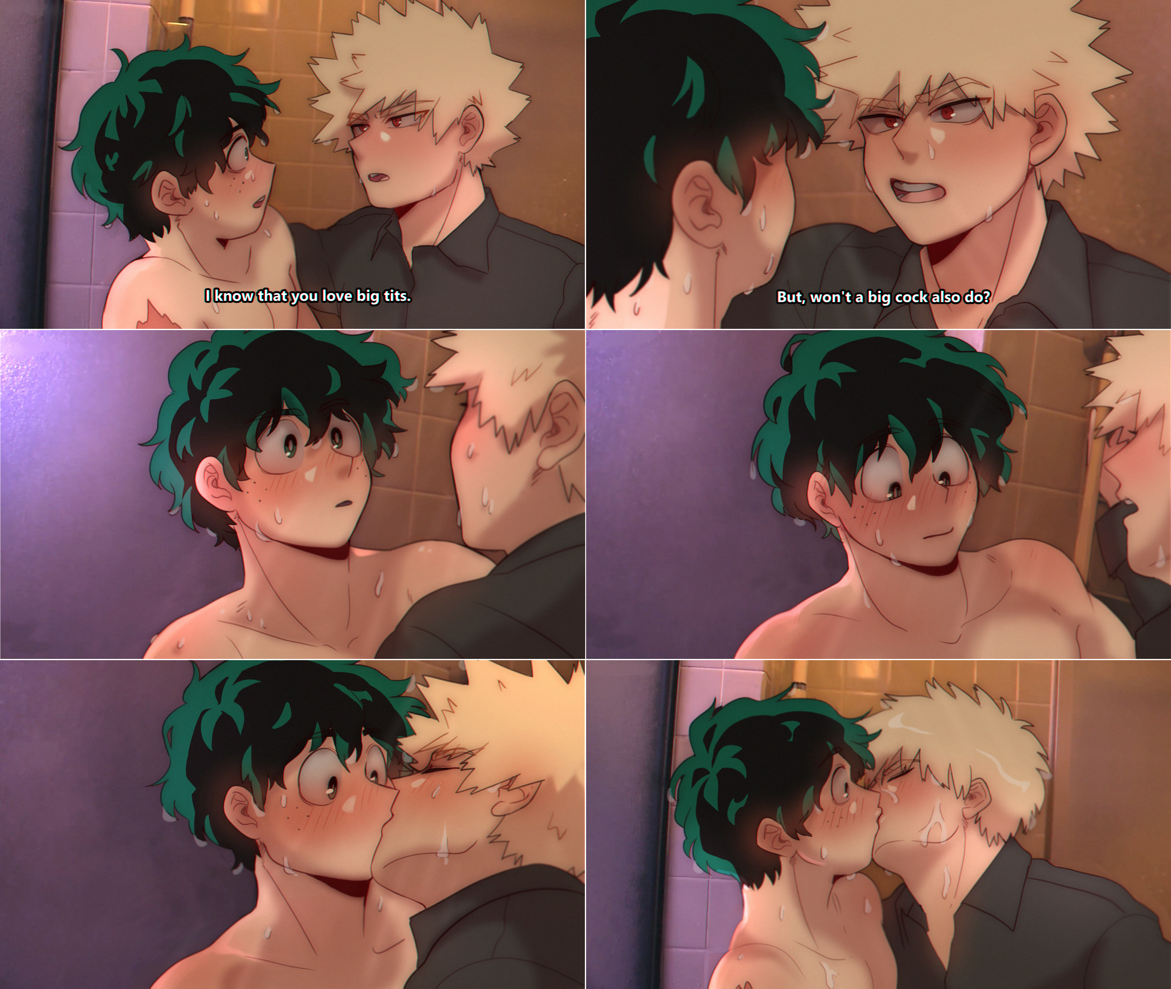 6koma, after shower, bakugou katsuki, blonde hair, blush, boku no hero academia, freckles, green eyes, green hair, hug, indoors, izuku midoriya, katsuki bakugou, kissing, male, midoriya izuku, my hero academia, naked, nude, parody, pectorals, red eyes, shirt, shower (place), surprised, wet, yaoi