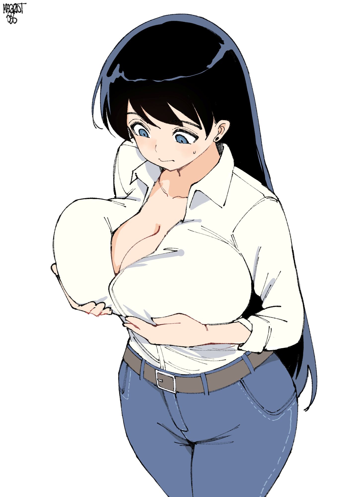 1girls, about to burst, arato nagi, artist name, barely contained, barely contained breasts, barely fits, belt, black hair, blue eyes, blue pants, breast conscious, breast lift, breasts, breasts too big, bursting breasts, cleavage, collared shirt, cowboy shot, denim, female, from above, fully clothed, grabbing own breast, grabbing own breasts, highres, huge breasts, imminent wardrobe malfunction, inconvenient boobs, inconvenient breasts, jeans, large breasts, long black hair, long hair, long sleeves, looking at breasts, looking at own breasts, looking at self, looking down, looking down at breasts, looking down at self, norman maggot, pants, ruri no houseki, shirt, solo, solo female, solo focus, sweatdrop, thick thighs, tight clothes, tight clothing, tight fit, tight fitting clothing, too tight, undersized clothes, undersized clothing, voluptuous, voluptuous female, white shirt, wide hips