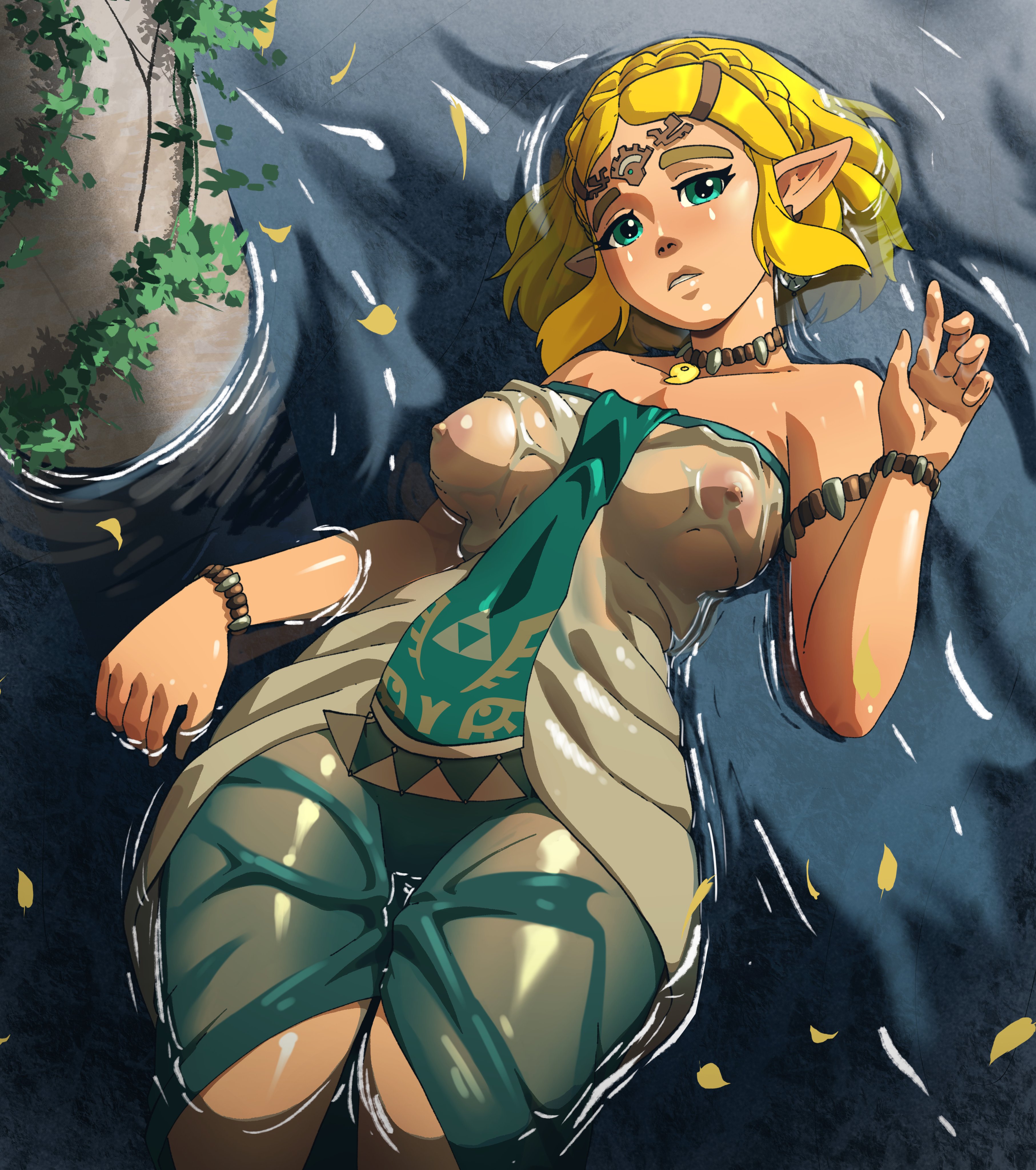 1girls, blonde hair, coolerinker, female, green eyes, inkershike, necklace, partially submerged, princess zelda, see-through clothing, tears of the kingdom, the legend of zelda, the legend of zelda: tears of the kingdom, wet, wet clothes, zelda (tears of the kingdom), zonai outfit