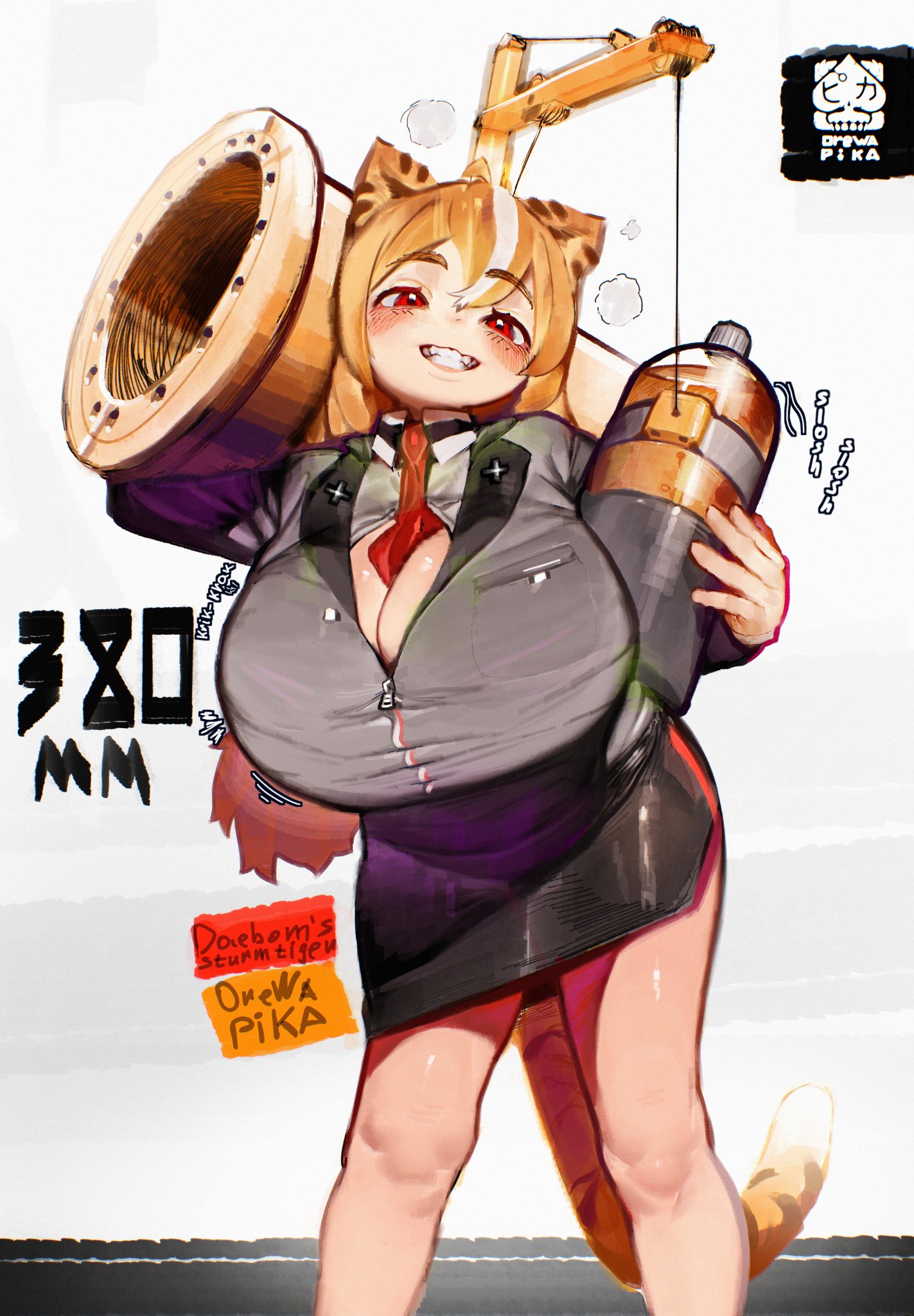 big breasts, boob window, breasts, breasts bigger than head, bursting breasts, busty, cleavage, fan character, female, gigantic breasts, gray jacket, grey jacket, huge breasts, looking at viewer, orewapika, original character, partially unbuttoned, partially unzipped, sloshing breasts, sturm tiger, sturmtiger, sturmtiger (daebom), tank, tie, tie between breasts, tiger ears, tiger tail, tight clothing, top heavy, top heavy breasts, war thunder
