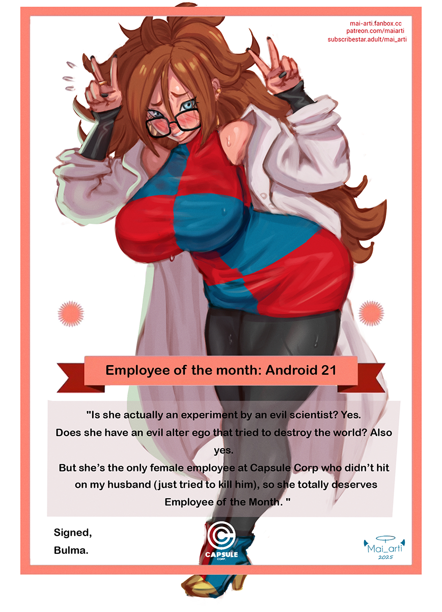 1girls, alternate version available, android 21, android 21 (human), big breasts, blue eyes, breasts, brown hair, dragon ball, dragon ball fighterz, employee of the month, female, female only, glasses, huge breasts, labcoat, large breasts, long hair, mai arti, vomi (dragon ball)