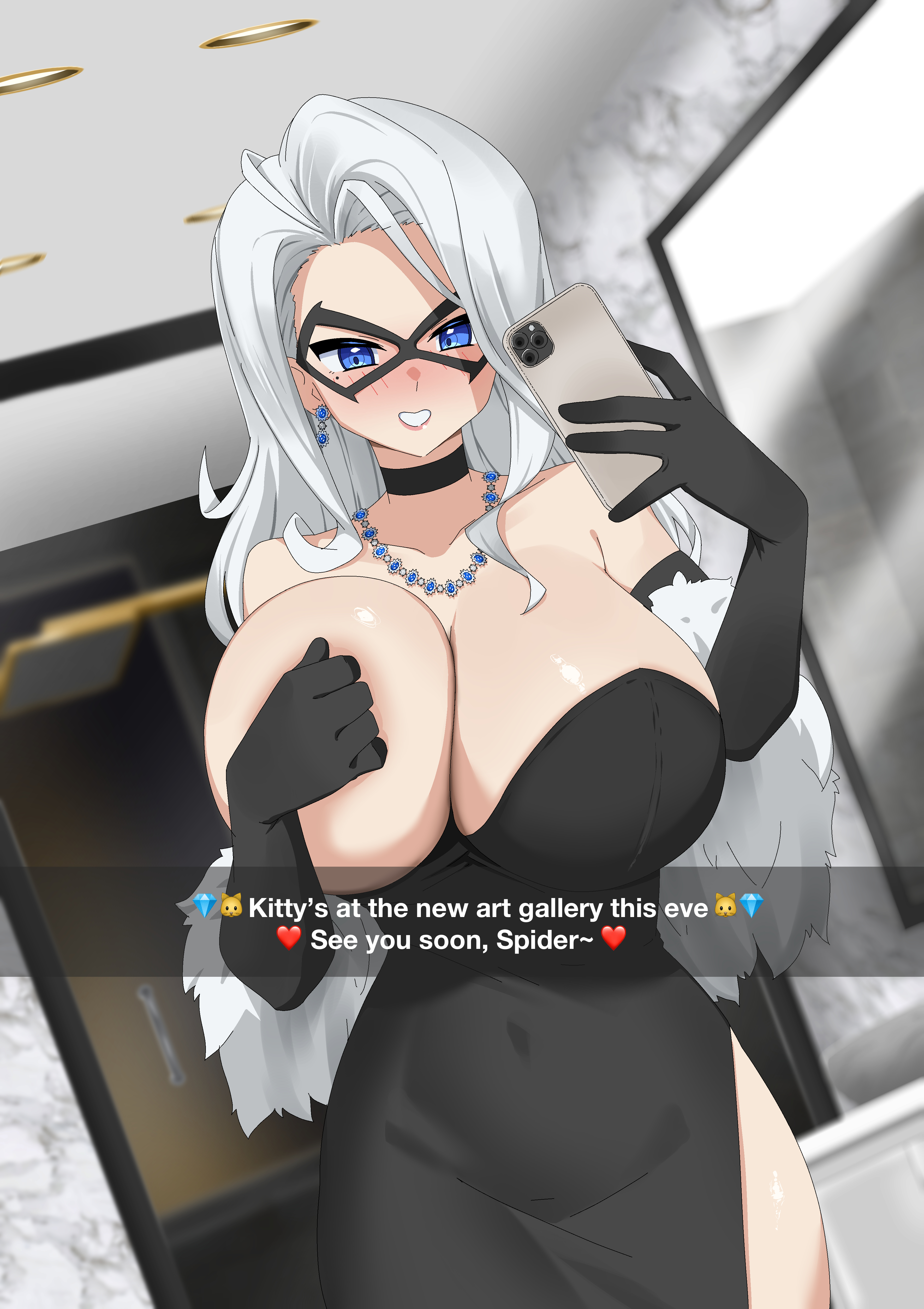 1girls, alternate version available, black cat (marvel), blue eyes, breast press, breasts, breasts out, cellphone, collar, covered nipples, dress, earring, felicia hardy, female, gloves, inviting, inviting to sex, large breasts, marvel, marvel comics, mask, necklace, oppaihobby, phone, restroom, selfie, spider-man (series), text, white hair