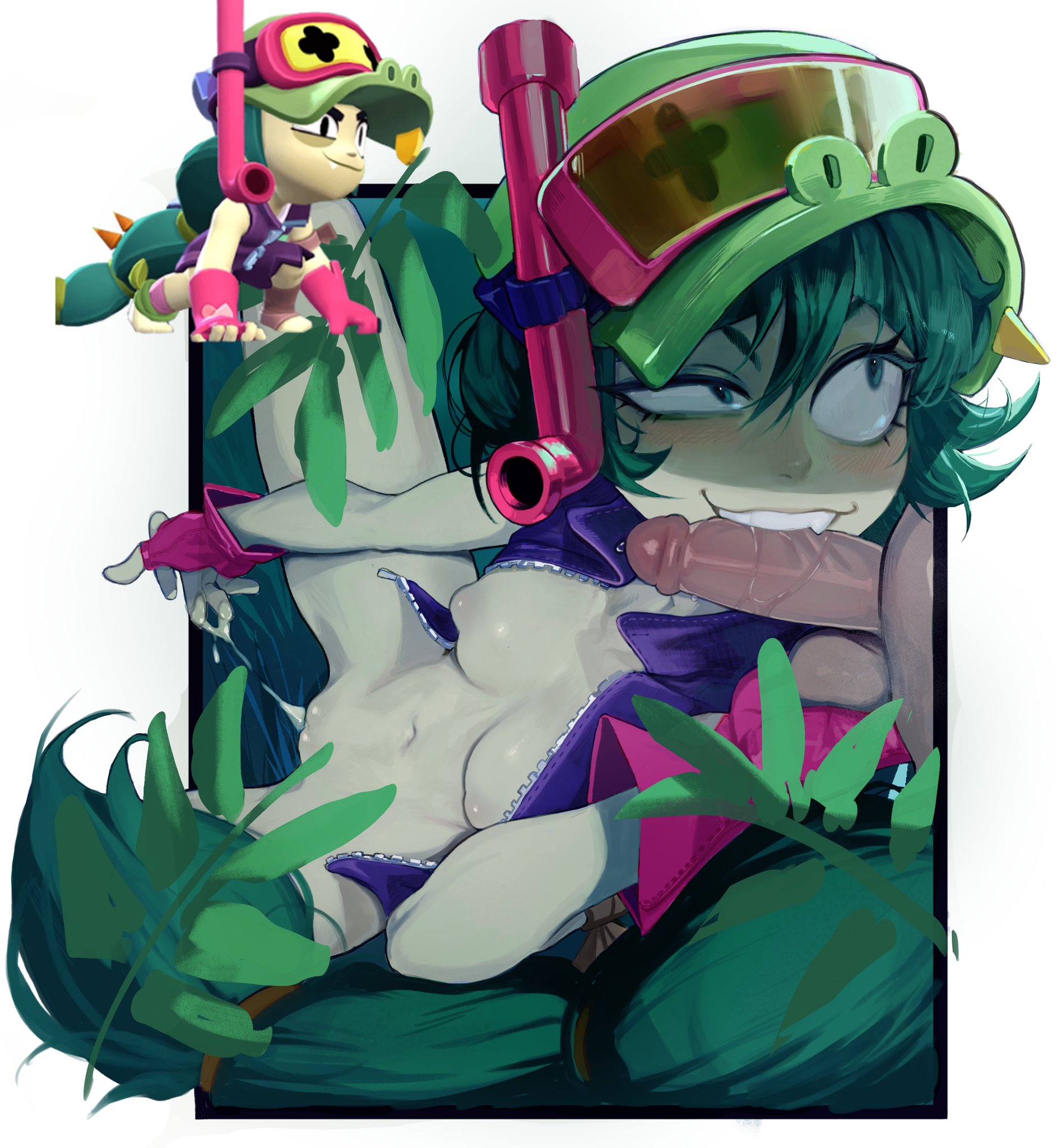 1girls, alli (brawl stars), alligator girl, biting penis, blowjob, brawl stars, color, female, female focus, green eyes, green hair, half-dressed, hat, long hair, male, masturbating during fellatio, masturbation, open clothes, penis, polchito, tagme, twitter link