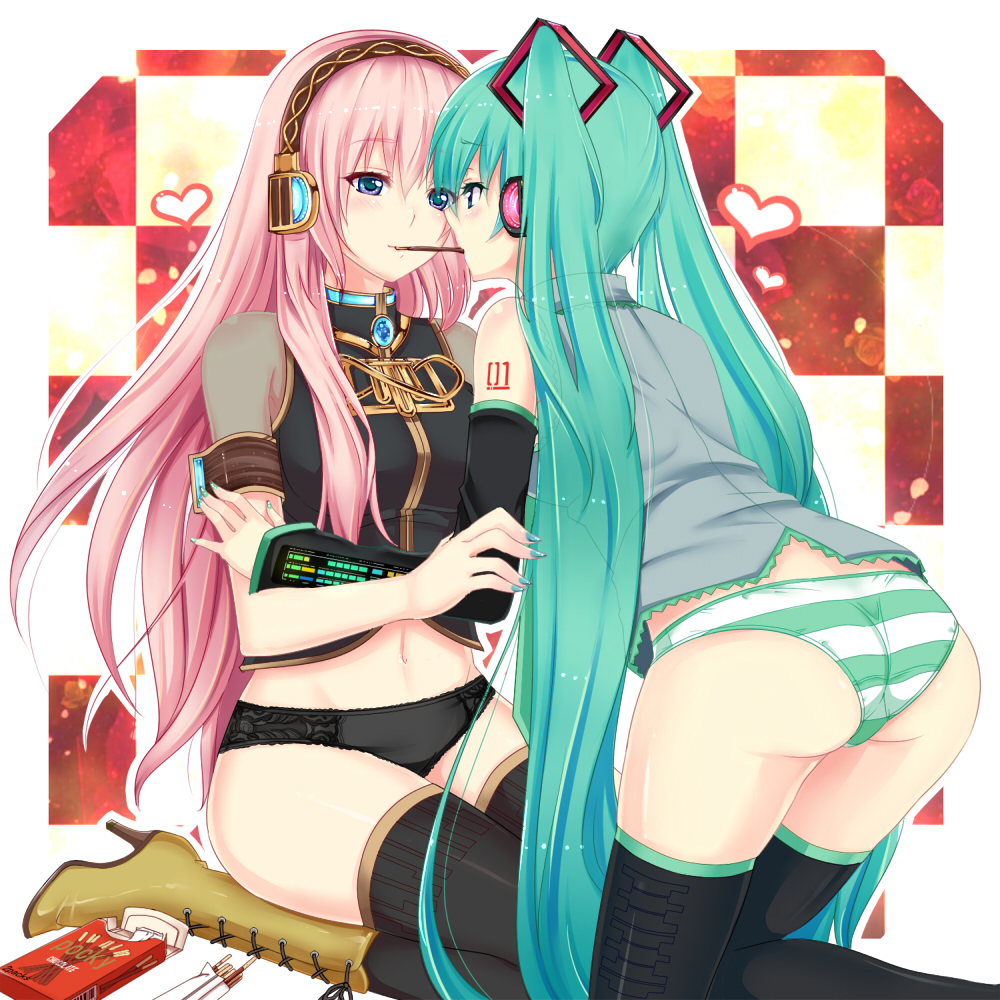 2girls, aqua eyes, aqua hair, aqua nails, ass, black panties, blue eyes, blush, boots, breasts, checkered background, detached sleeves, eye contact, female, female only, food, grabbin, hatsune miku, headphones, heart, kneeling, large breasts, lesbian couple, long hair, looking at another, megurine luka, mouth hold, multiple females, multiple girls, nail polish, navel, no pants, nuko (mikupantu), panties, pink hair, pocky, pocky kiss, shared food, striped, striped panties, stripper clothes, thighhighs, twintails, underwear, very long hair, vocaloid, yuri