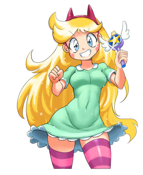 blonde hair, clothing, color, disney, disney channel, dress, eyebrows visible through hair, female, female only, headband, legwear, magic, minus8, pale skin, royal magic wand, star butterfly, star vs the forces of evil, straight hair, thighs, wand, white background