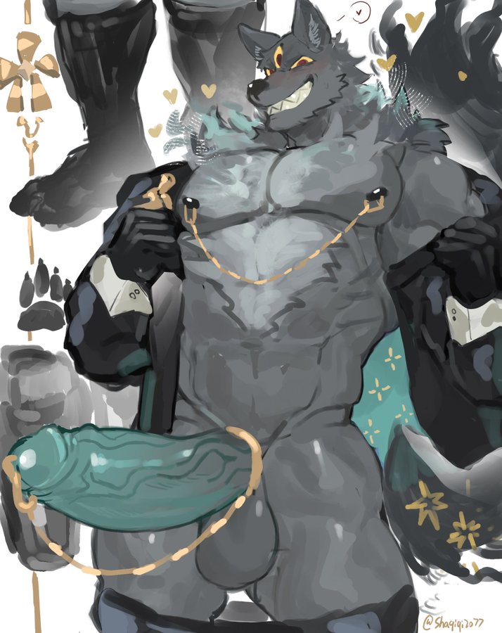 anthro, arknights, balls, big penis, canid, canine, canis, furry, furry male, furry only, huge cock, male, male only, muscles, muscular, muscular male, nipple piercing, nipples, pecs, penis, uncensored, uncensored nipples, uncensored penis, vein, veiny penis, wolf, wolfe (arknights)