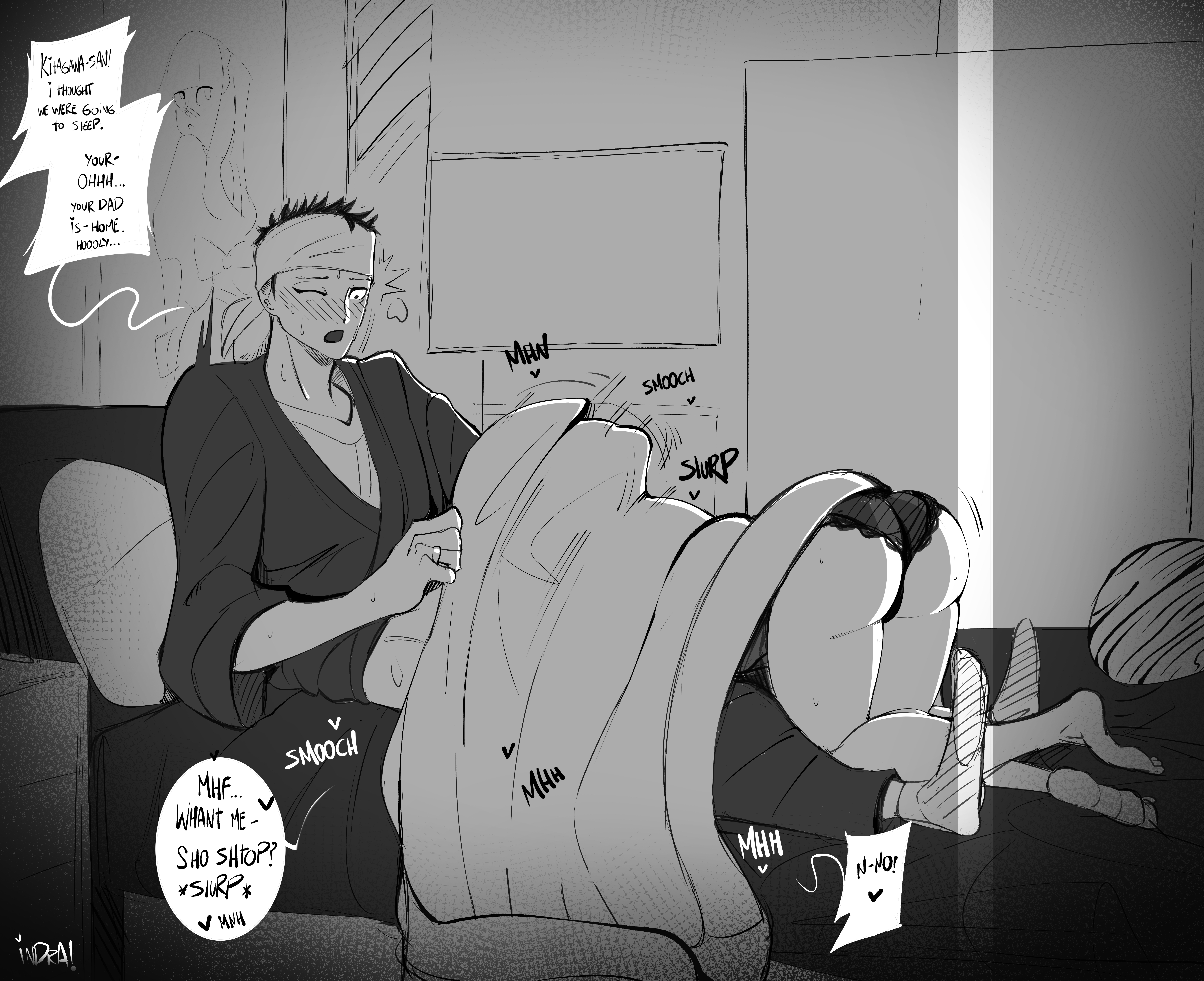 all fours, ass up, bed, bedroom, black and white, blowjob, blush, canon couple, dark room, doujinshi, embarrassed, gojou wakana, hidden penis, indralvspaizuri, kitagawa marin, male, my dress up darling, panties, penis, penis in mouth, romantic couple, see-through panties, sketch, slurping, sono bisque doll wa koi wo suru, talking during sex, under blanket, wedding ring, wholesome