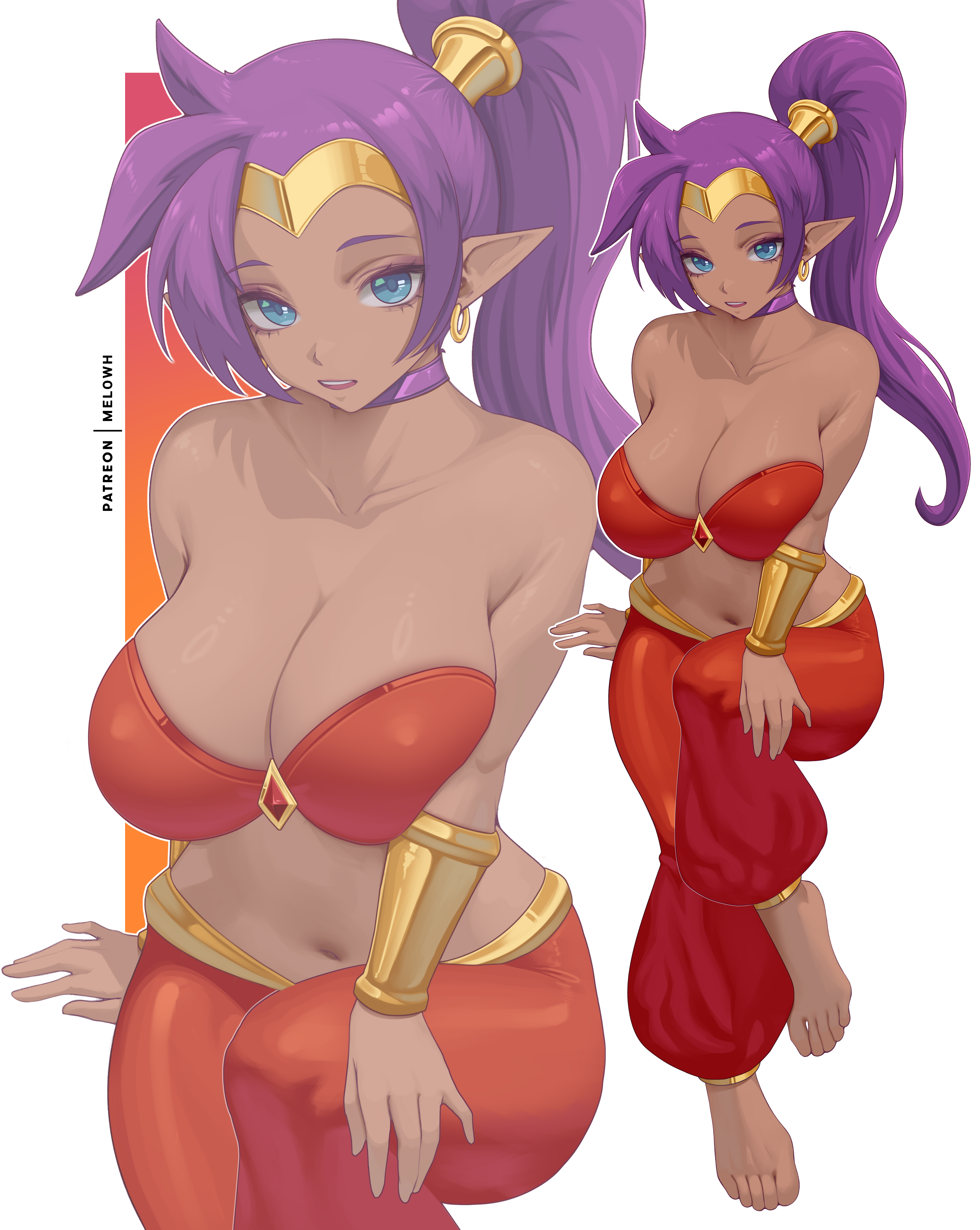 1girls, barefoot, blue eyes, bracer, breasts, circlet, cleavage, collarbone, dark skin, dark-skinned female, earrings, feet, female, female only, from above, highres, jewelry, large breasts, long hair, looking at viewer, melowh, navel, open mouth, pants, pointy ears, ponytail, purple hair, red pants, shantae, shantae (character), solo, very long hair, white background