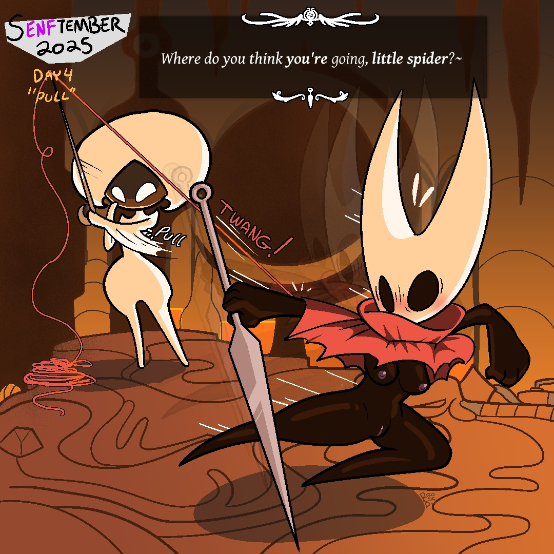 2girls, breasts, cloak, embarrassed, embarrassed nude female, enf, female, hollow knight, hornet (hollow knight), lace (hollow knight), nude, puchipix, pussy, senftember, senftember (2025), tagme