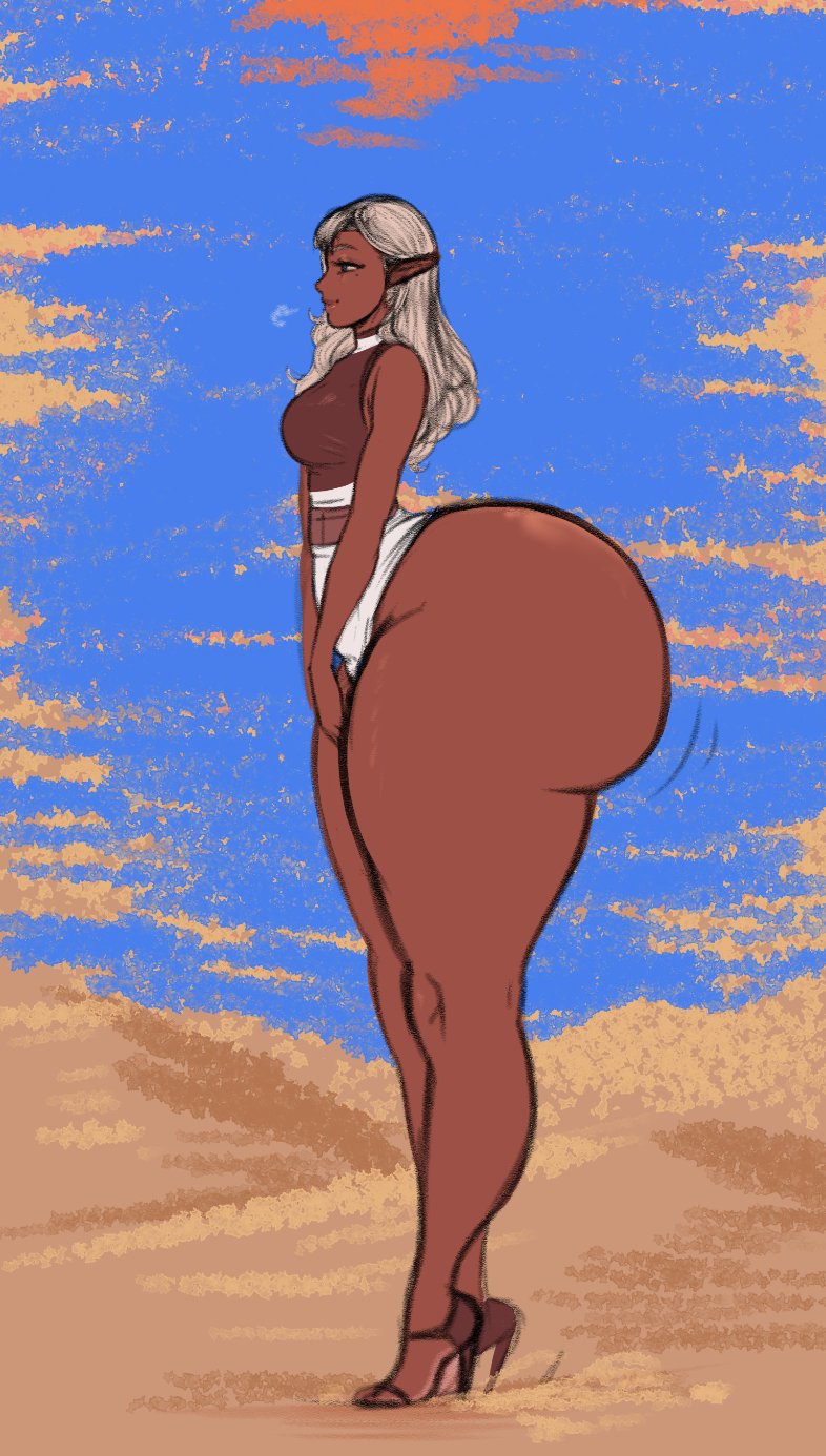1girls, ass, ass focus, bare legs, big ass, big breasts, big hips, big thighs, breasts, bubble ass, bubble butt, dark elf, dark skin, dark-skinned female, elf, elf ears, enna (franktonius), female, franktonius, giant ass, heels, huge ass, huge hips, huge thighs, hyper, hyper ass, long ears, long legs, motion lines, pointy ears, round ass, side view, silver hair, standing, thick, thick thighs, wide hips