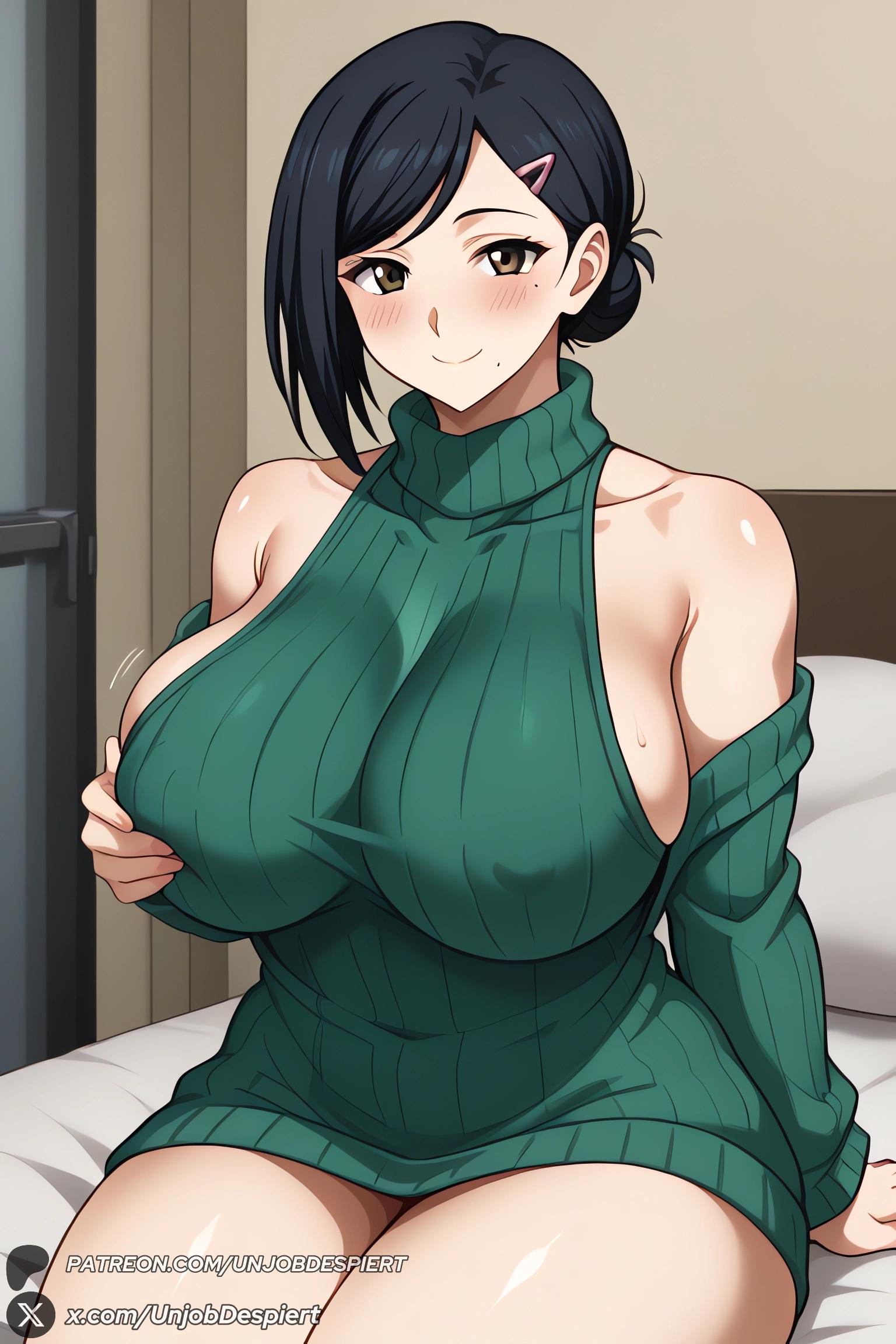 1girls, 2025, ai generated, artist name, bangs, bare shoulders, bed, big ass, big breasts, black hair, blush, breasts, brown eyes, covered nipples, curvy, detached sleeves, female, female only, green sweater, hair bun, hair ornament, hairclip, hi res, high quality, high resolution, highres, huge ass, huge breasts, indoors, large breasts, looking at viewer, mature female, mole, mole under eye, mole under mouth, on bed, patreon, patreon username, ribbed sweater, sakamoto aoi, sakamoto days, short hair, sideboob, single hair bun, sitting, smile, solo, sweater, swept bangs, thighs, turtleneck, unjobdespiert, watermark