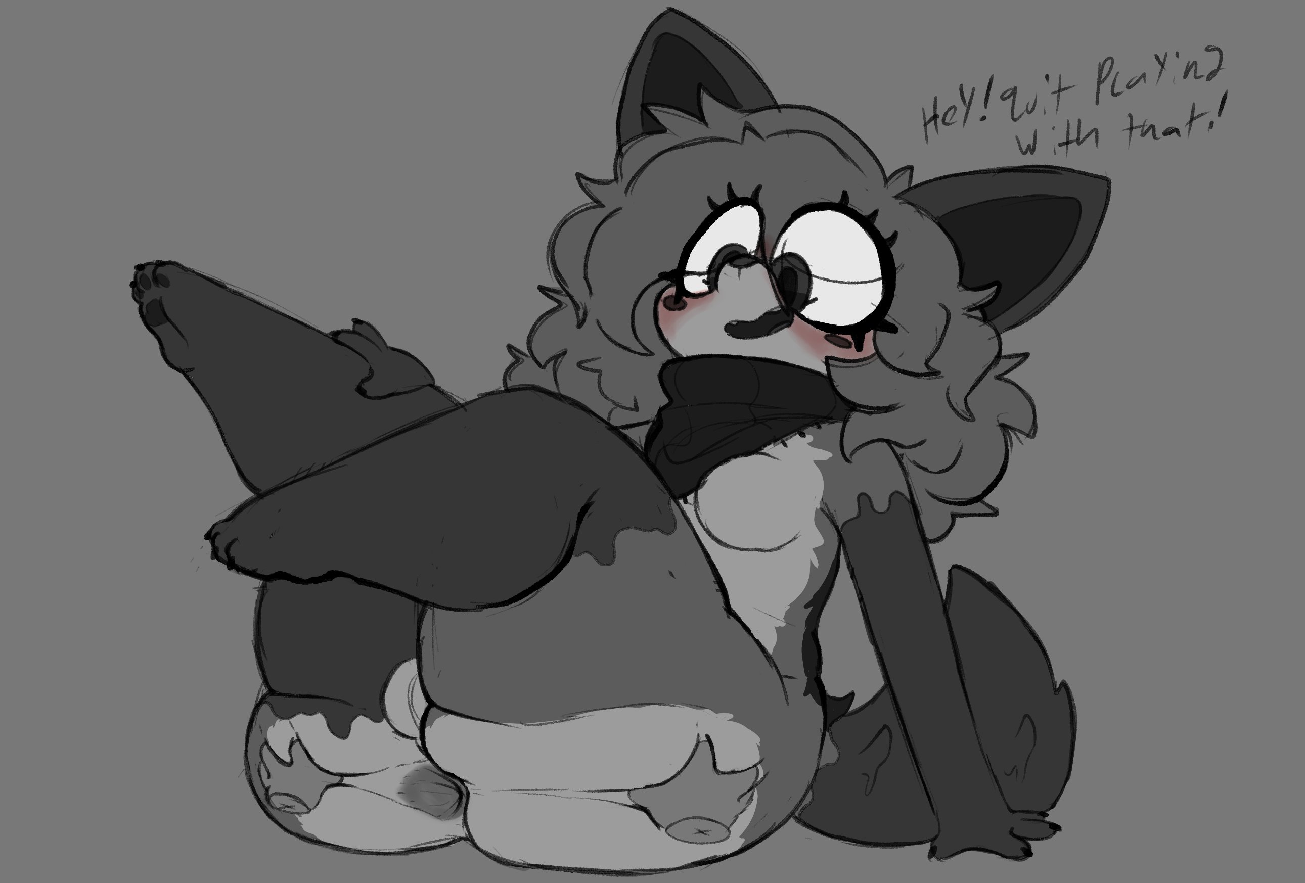 1boy, anus, ass, ass focus, balls, dawrklawst, dialogue, furry, grey hair, male, spread butt, spreading ass, trans woman, transfem