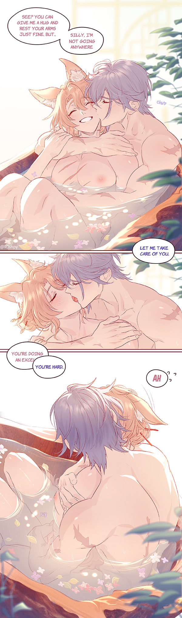 2boys, bathing, bathroom, big pecs, claw marks, cute, fox boy, fox ears, grey hair, hand on penis, honkai: star rail, hugging, hugging from behind, intimate, jiaoqiu (honkai: star rail), k0shpy, kissing, long hair, male, male/male, moze (honkai: star rail), muscular, muscular male, naked, penis, pink hair, rubbing, scar, smiling, tongue kiss, wholesome, yaoi