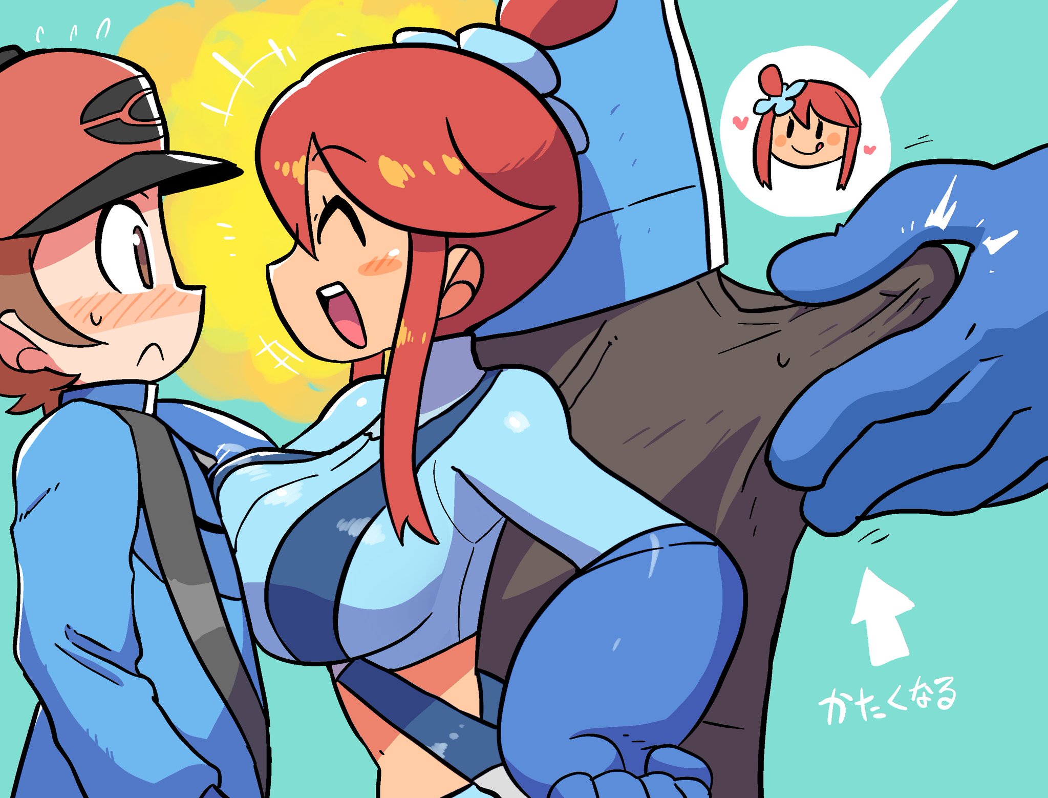 :d, :q, 1boy, 1girls, absurd res, absurdres, alternate breast size, arrow (symbol), assertive, assertive female, big breasts, blue gloves, blue jacket, blue shirt, blush, blush stickers, boner in pants, breast press, breasts, brown eyes, brown hair, bulge, closed eyes, closed eyes smile, closed mouth, crap-man, creatures (company), erection, erection under clothes, female, flustered, flying sweatdrops, from side, game freak, gloved handjob, gloves, gym leader, hand on hip, hand on own hip, handjob, handjob over clothes, harden (pokemon move), hat, highres, hilbert (pokemon), human, jacket, jaggy lines, large breasts, latina, male, nintendo, nose blush, open mouth, penis, penis grab, pokemon, pokemon (game), pokemon bw, pokemon bw2, pokemon trainer, rariatto (ganguri), red hair, red headwear, shirt, sideways mouth, skyla (pokemon), smile, spoken character, straight, sweat, tagme, tongue, tongue out, topknot, translated, wide-eyed