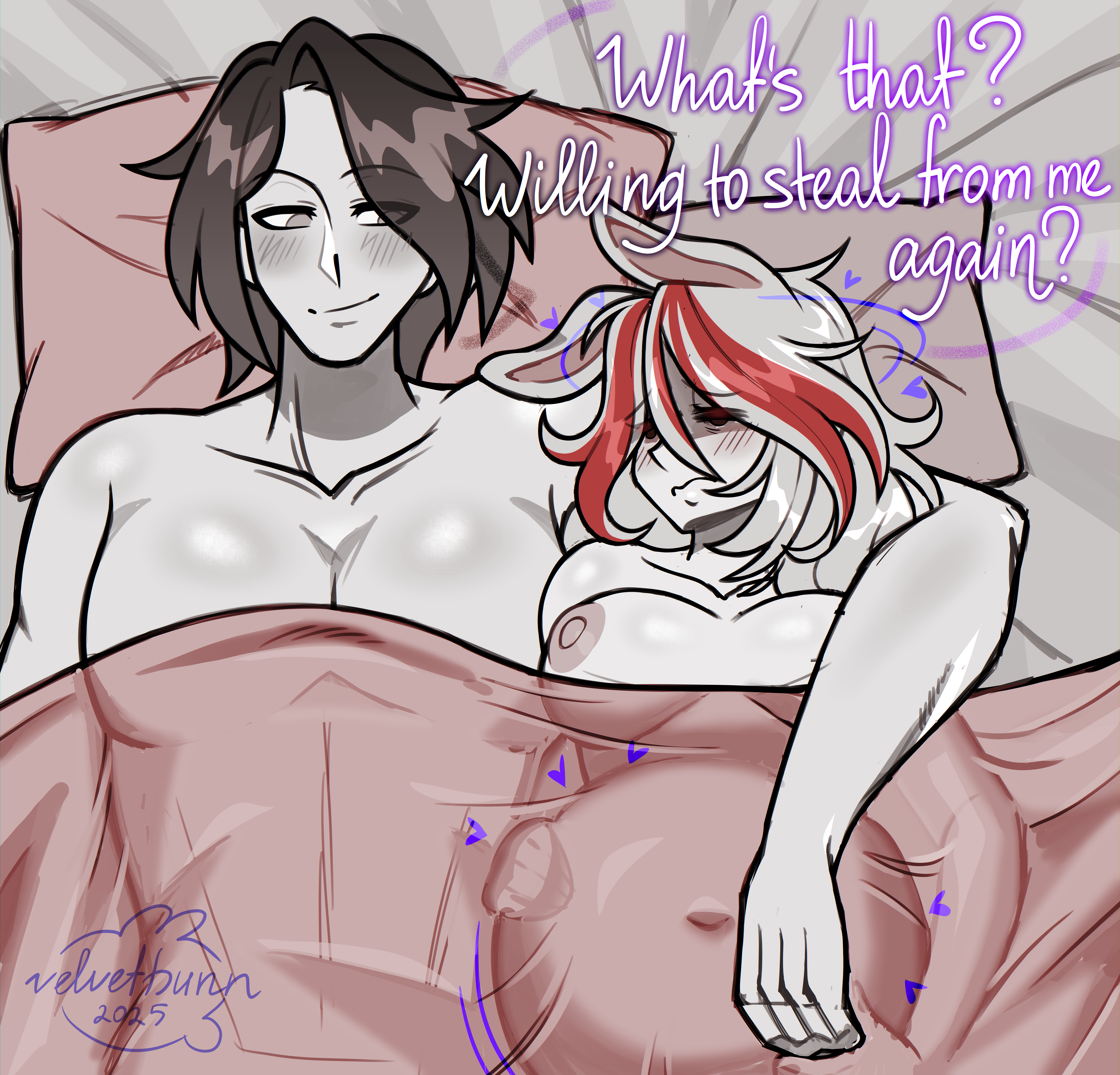 1boy, 1boy1girl, 1girls, after orgasm, after rape, after sex, after vaginal, bedroom eyes, big breasts, black hair, blush, breasts, breeding, broken, broken rape victim, bunny, bunny ears, bunny girl, bunny tail, color, comic, comic page, cum in pussy, cum inflated belly, cum inside, cuminflation, english text, exhausted, exhausted after sex, exhausted female, female, filled belly, hand on belly, holding belly, in bed, inflation, long sex, male, male/female, messy hair, mind break, mindbreak, monochrome, muscular, muscular male, nude, nude female, nude male, pussy, rabbit, rachel (velvetbunn), red eyes, rough sex, sammy scratch (anonjustanon), sleepy, stealing, text, under blanket, under covers, under sheets, velvetbunn, white eyes, white hair, white skin, white-skinned female, white-skinned male, wholesome, wholesome end