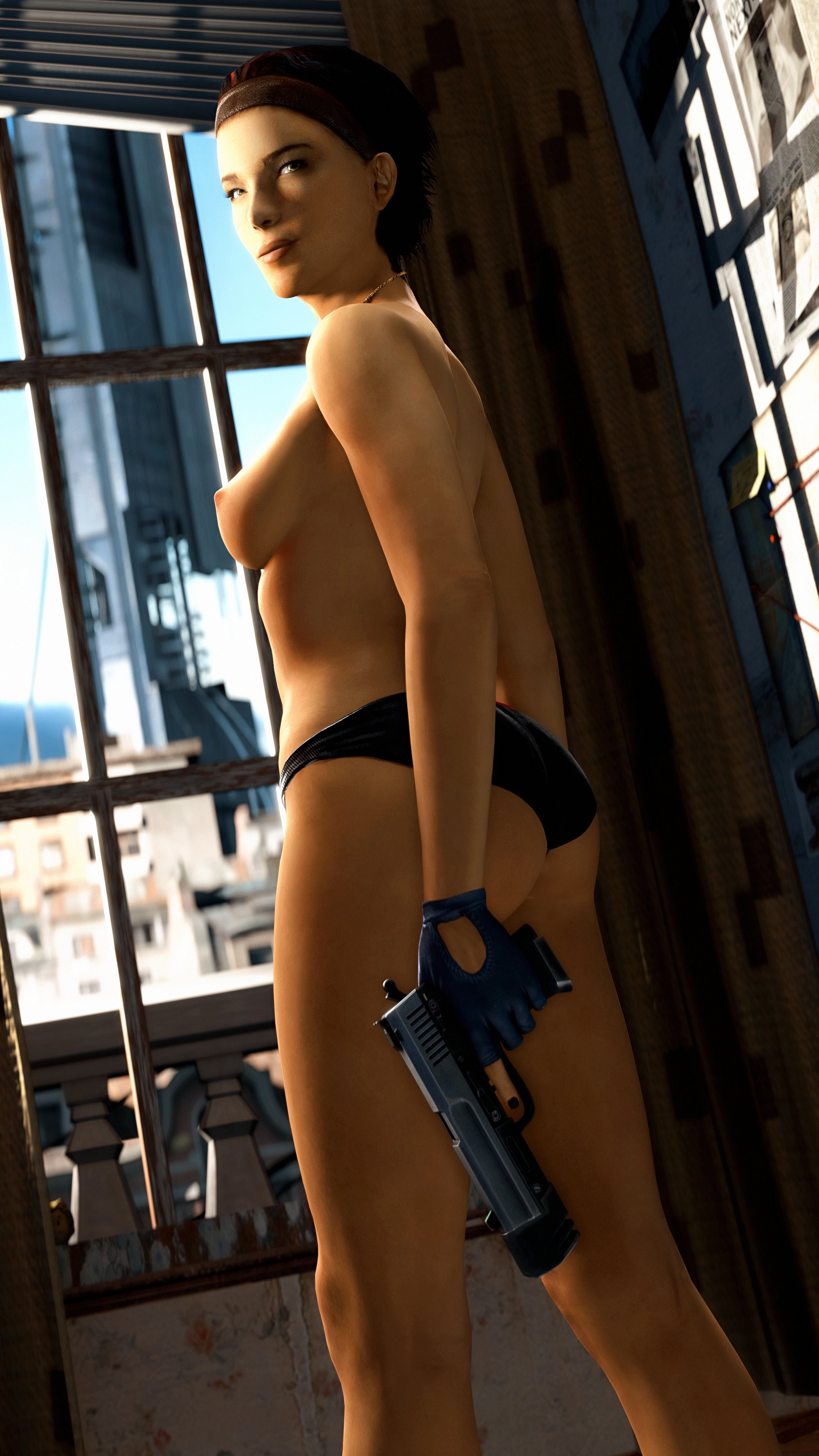 1girls, 3d, alyx vance, black hair, black panties, breasts, dark skin, dark-skinned female, female, female only, firearm, gun, half-life (series), half-life 2, hbnoob, nipples, panties, pistol, short hair, solo, valve, valve corporation, weapon