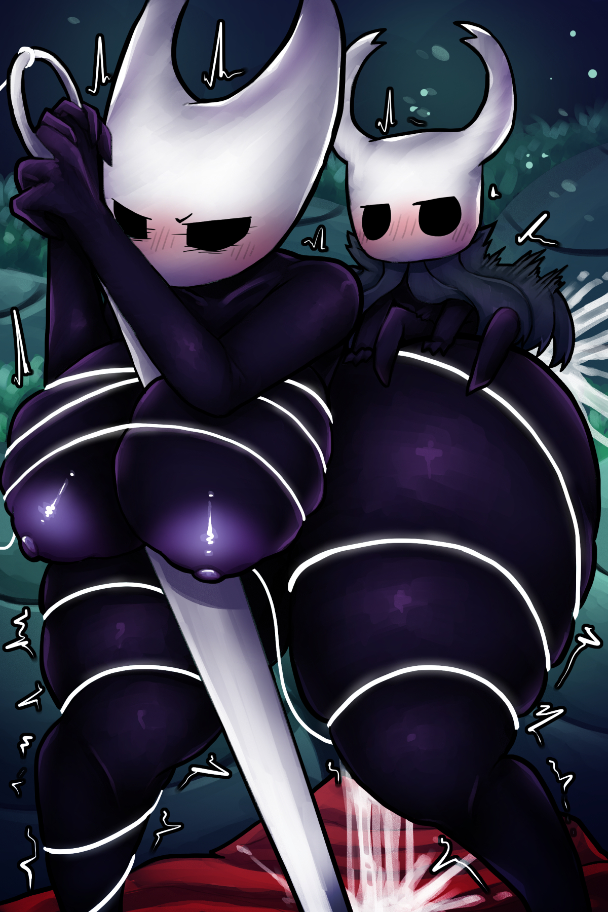 big ass, big breasts, big girl, bigger female, blush, blushing, breasts, brother and sister, cum, cum in pussy, female, hollow knight, hollow knight: silksong, hornet (hollow knight), incest, insects, male, nipples, protagonist (hollow knight), pussy, sex, siblings, small dom big sub, smaller male, sword, the knight (hollow knight), whitewo1f