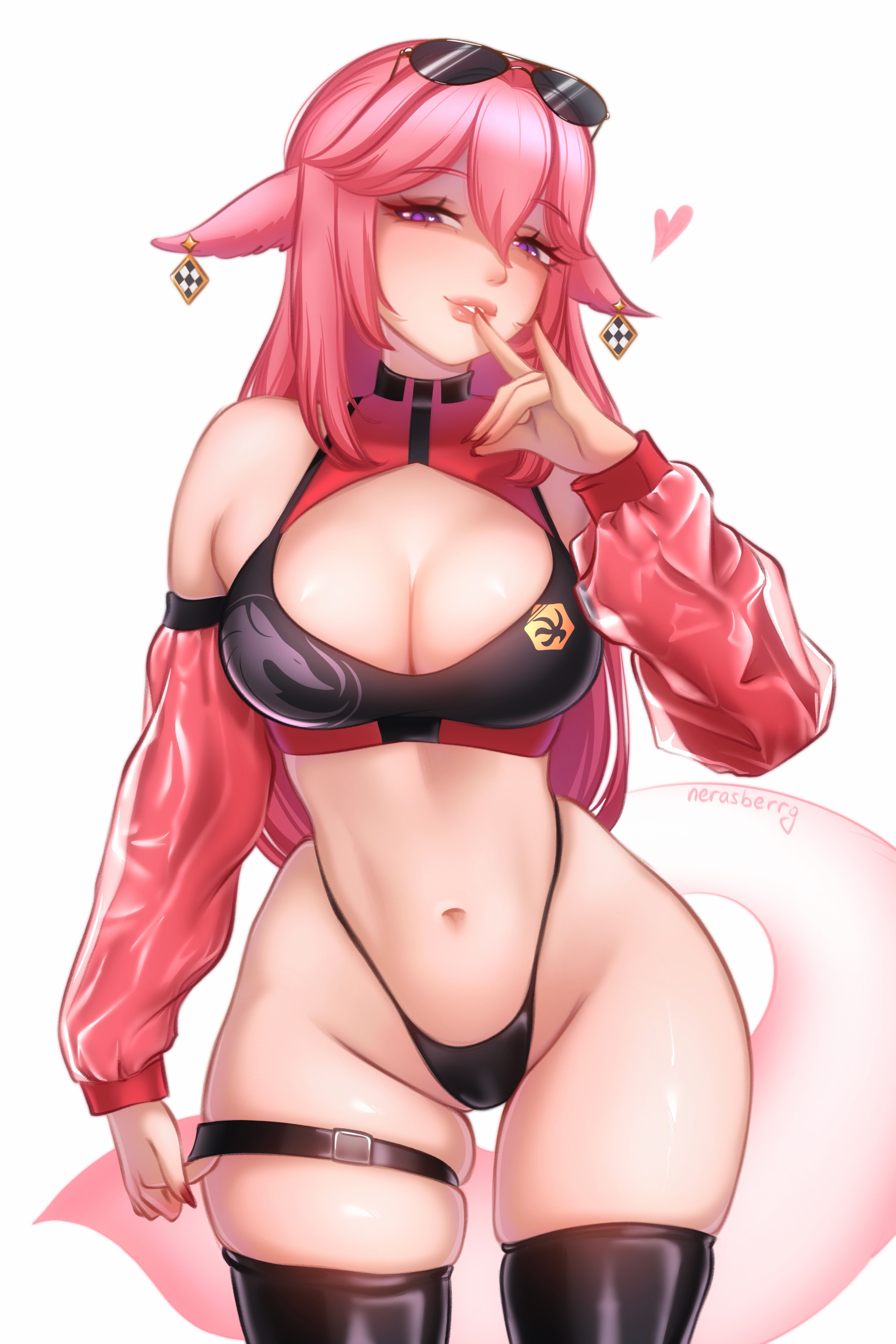 animal ears, ass, belt, big ass, big breasts, bikini, black bikini, black thighhighs, blush, breasts, cleavage, cropped jacket, digital art, fanart, female, finger to mouth, fox ears, fox tail, garter straps, genshin impact, gloves, heart, jacket, large breasts, licking lips, long hair, looking at viewer, navel, nerasberrg, pink hair, purple eyes, racing suit, red jacket, seductive pose, shiny clothes, sleeves, solo, sunglasses on head, tail, thick thighs, thighhighs, wide hips, yae miko
