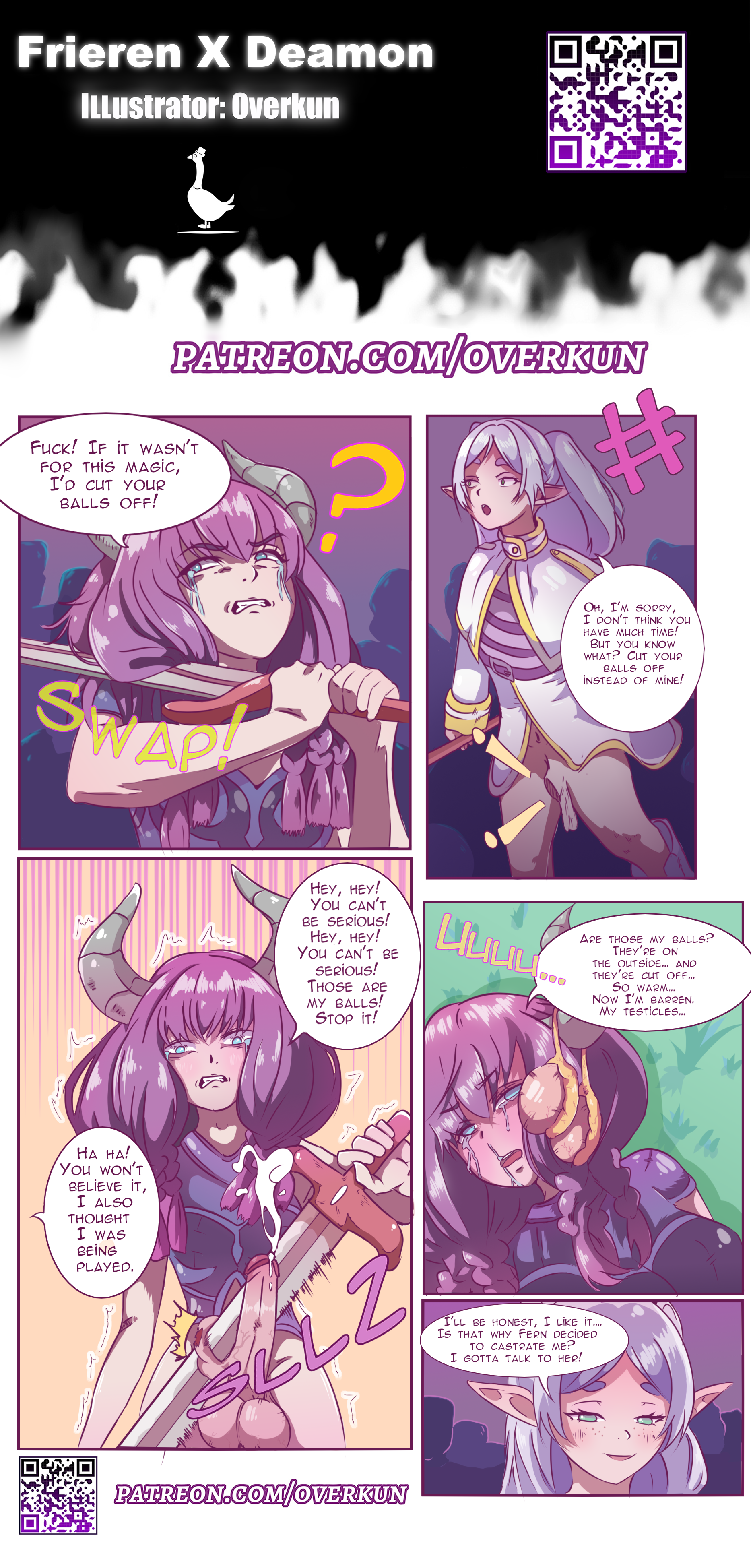 aura (sousou no frieren), balls, castration, cock and ball torture, cock and balls torture, frieren, futanari, gore, intersex, overkun, penis, sousou no frieren, text