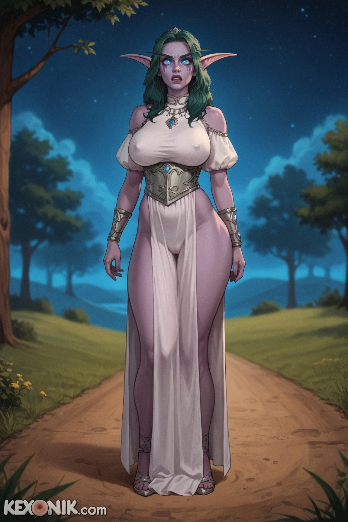 1girls, ai generated, angry, big nipples, blizzard entertainment, blue eyes, breasts, cameltoe, cleft of venus, clothed, colored skin, covered breasts, covered nipples, cute face, darkness, elf, elf ears, fat ass, female, full body, gigantic ass, glowing eyes, green hair, huge, huge ass, huge breasts, kexonik, legs apart, looking at viewer, narrow waist, night, night elf, pelvic curtain, petite, petite body, pointy ears, purple body, purple skin, revealing clothes, sagging breasts, skinny, slim, slim body, solo, standing, toned, tyrande whisperwind, warcraft, world of warcraft, yelling