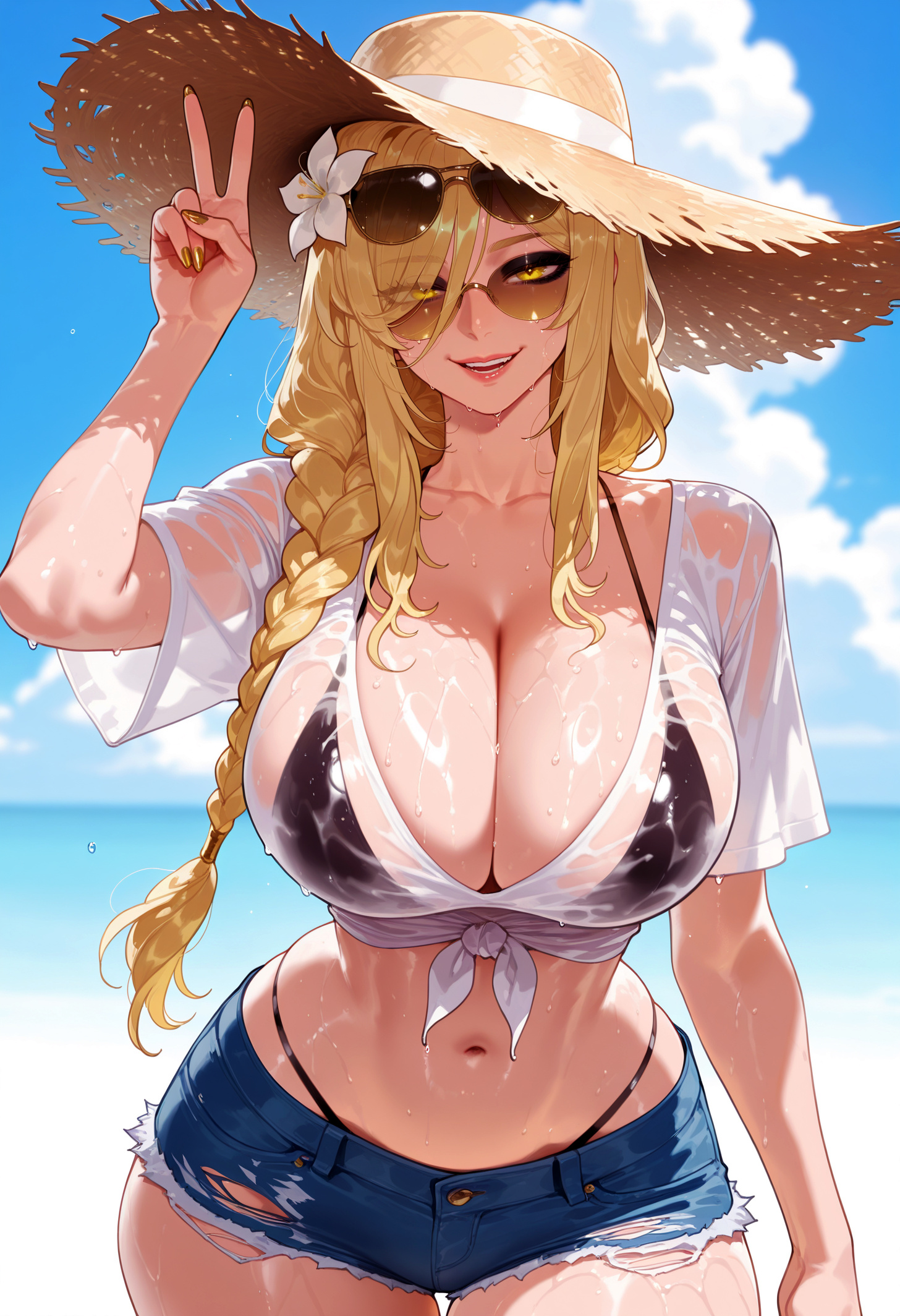 1girls, ai generated, arm up, aviator sunglasses, balecxi, beach, bikini, bikini under clothes, black bikini, blonde hair, blue shorts, blue sky, braid, braided ponytail, breasts, cleavage, clothing, cloud, collarbone, curvaceous, curvaceous female, curvaceous figure, curvy, curvy figure, cutoffs, day, denim, denim shorts, elden ring, exhibitionism, eyes visible through hair, eyewear, eyewear on head, female, female focus, female only, flower, fromsoftware, hair flower, hair ornament, hair over shoulder, hat, headwear, highleg, highleg bikini, huge breasts, inviting, large breasts, lips, long hair, looking at viewer, micro shorts, midriff, nail polish, navel, ocean, open mouth, outdoor nudity, outdoors, outside, parted lips, presenting, presenting ass, presenting breasts, presenting hindquarters, presenting self, queen marika the eternal, seductive, seductive look, seductive smile, see-through, see-through shirt, shirt, short shorts, short sleeves, shorts, single braid, sky, smile, solo, stomach, straw hat, sun hat, sunglasses, swimsuit, swimsuit under clothes, teeth, thick thighs, thigh gap, thighs, thong above shorts, tied shirt, torn clothes, torn shorts, v, voluptuous, voluptuous female, water, wet, wet clothes, wet shirt, white flower, white shirt, wide hips, yellow eyes, yellow nails