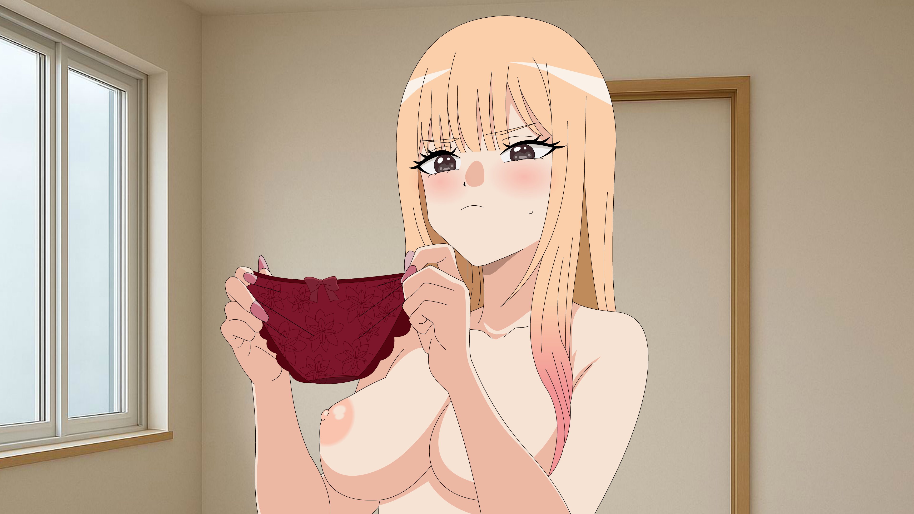 1girls, areola, areolae, bangs, big breasts, blonde, blonde hair, breasts, canon, edit, female, female only, gyaru, kitagawa marin, large breasts, my dress up darling, nipple slip, nipples, nude, nude female, one nipple out, panties, red panties, redraw, screencap, sono bisque doll wa koi wo suru, tomiaf