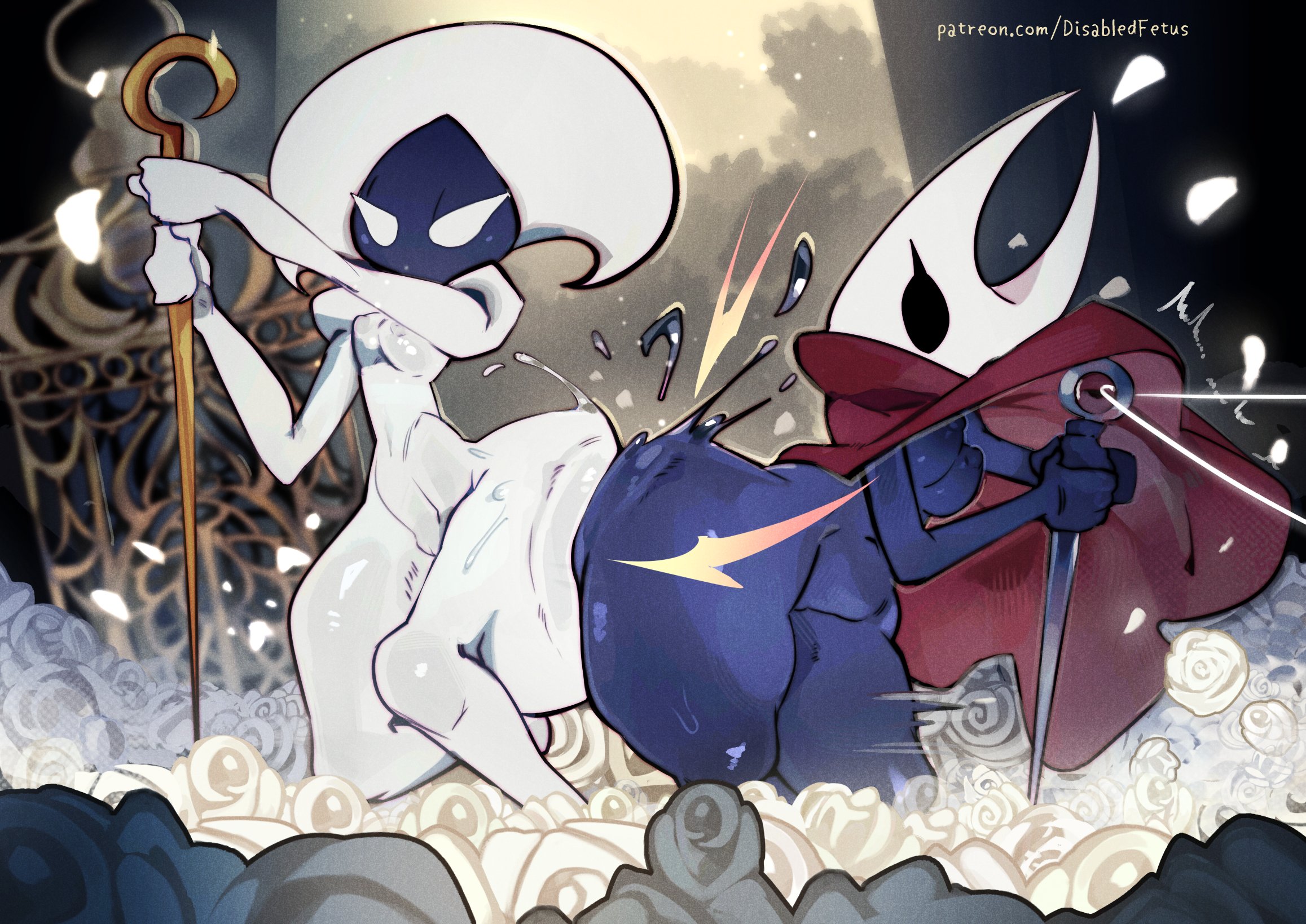 2 horns, 2girls, alternate body type, arthropod, artist name, big ass, big breasts, big butt, black body, black skin, breasts, bubble ass, bubble butt, bug, bug girl, disabledfetus, female, female only, hollow knight, hollow knight: silksong, hornet (hollow knight), lace (hollow knight), large ass, large breasts, large butt, silksong, team cherry