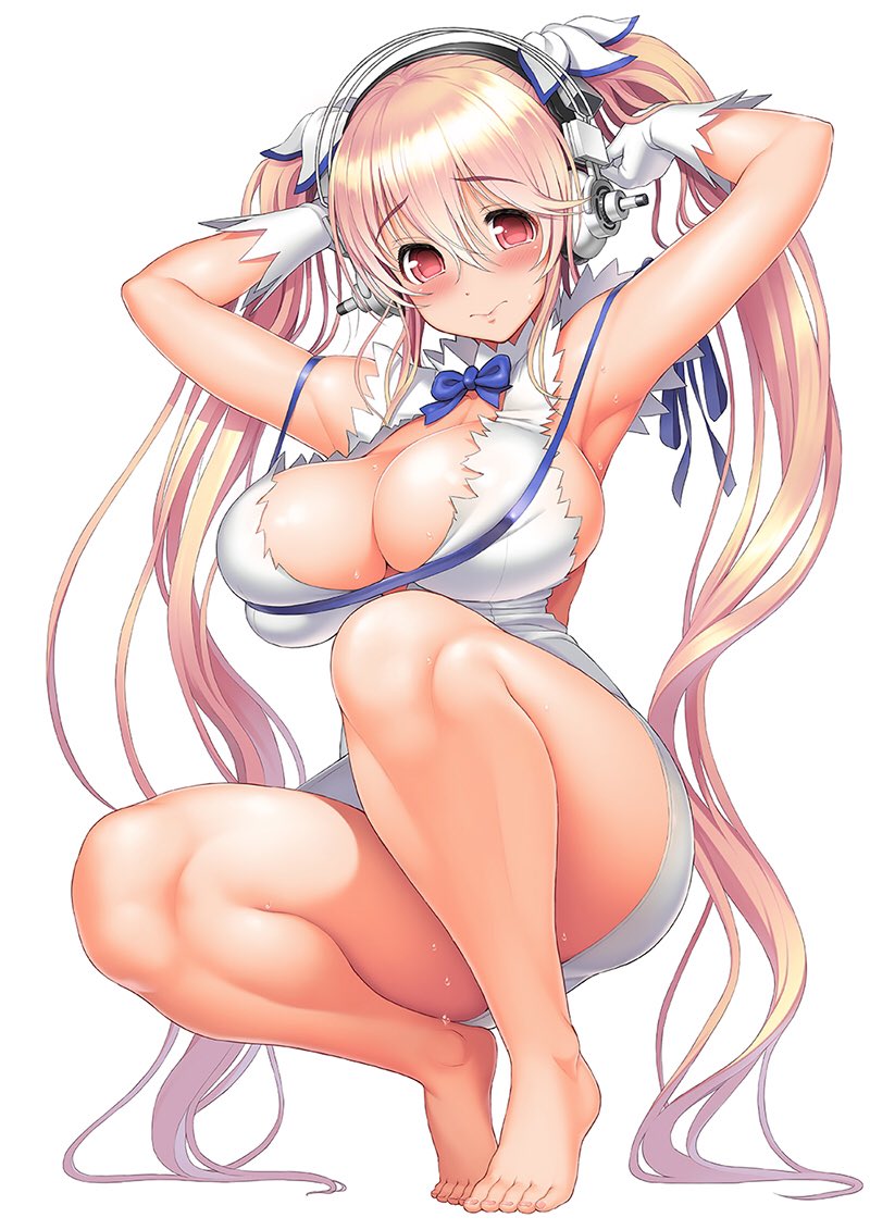 1girls, 2d, armpits, arms up, bare arms, bare legs, bare thighs, barefoot, big breasts, blue ribbon, blush, bowtie, breast press, breasts, busty, cleavage, cleavage cutout, color, convenient censoring, cosplay, curvaceous, curvy, curvy female, curvy figure, dungeon ni deai wo motomeru no wa machigatteiru darou ka, feet, female, female only, full color, gloves, hair ornament, headgear, headphones, hestia (danmachi) (cosplay), huge breasts, large breasts, light skin, light-skinned female, long hair, looking at viewer, nervous, nitroplus, non-nude, official art, pink eyebrows, pink eyes, pink hair, ribbon, skindentation, sole female, solo, squatting, super sonico, sweat, sweatdrop, thick thighs, tight clothing, tight fit, tsuji santa, twintails, tying hair, very long hair, white background, white dress, white gloves
