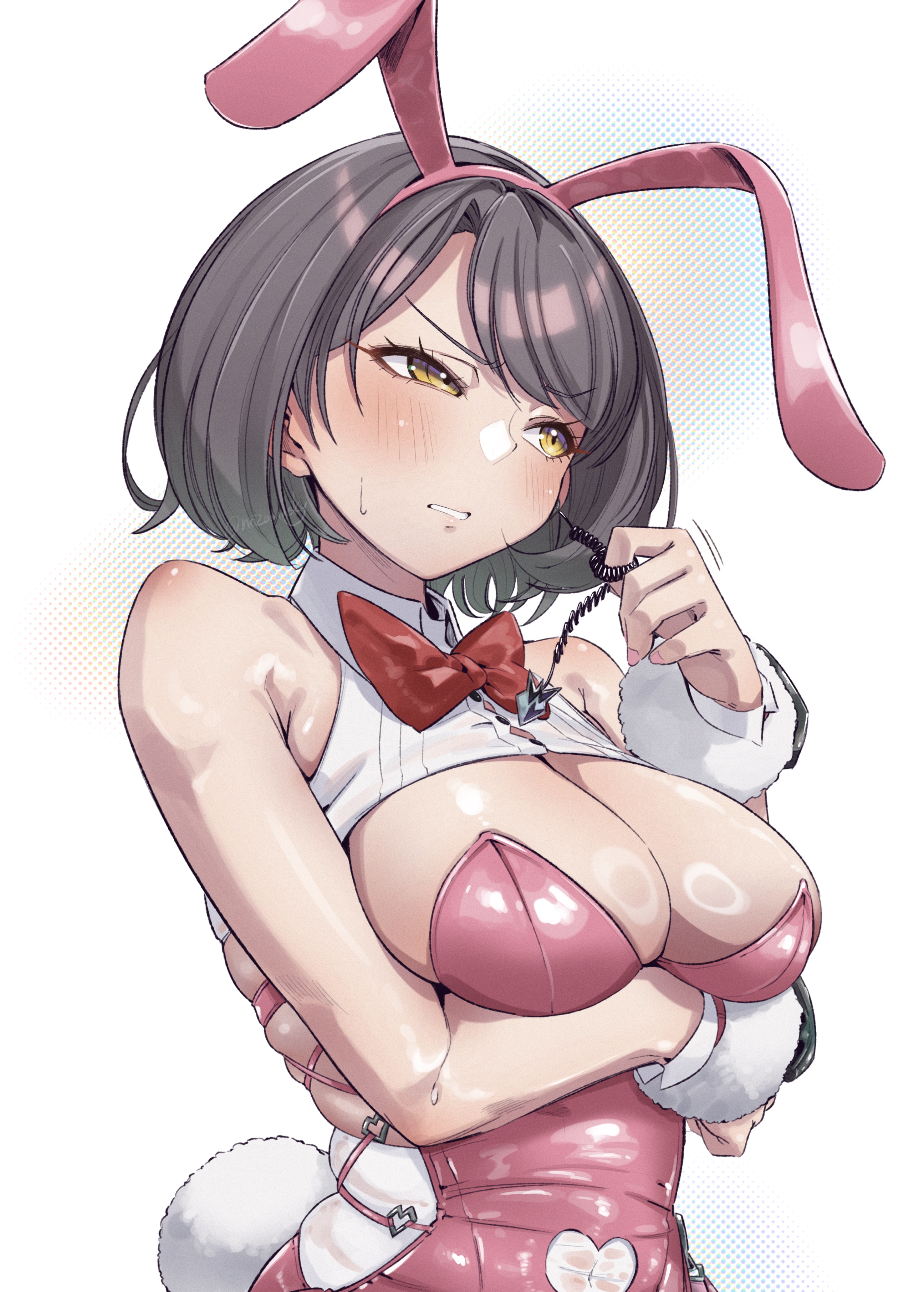 1girls, absurd res, arm under breasts, artist name, artist request, averting eyes, bare shoulders, big breasts, blush, bowtie, breasts, bunny ears, bunny girl, bunny tail, bunnysuit, cleavage, dark hair, detached cuffs, earpiece, embarrassed, embarrassed female, eyebrows visible through hair, female, female only, goddess of victory: nikke, leotard, light skin, light-skinned female, milk (blooming bunny) (nikke), milk (nikke), navel, official alternate costume, painted nails, pink leotard, revealing clothes, sweat, white background, yellow eyes