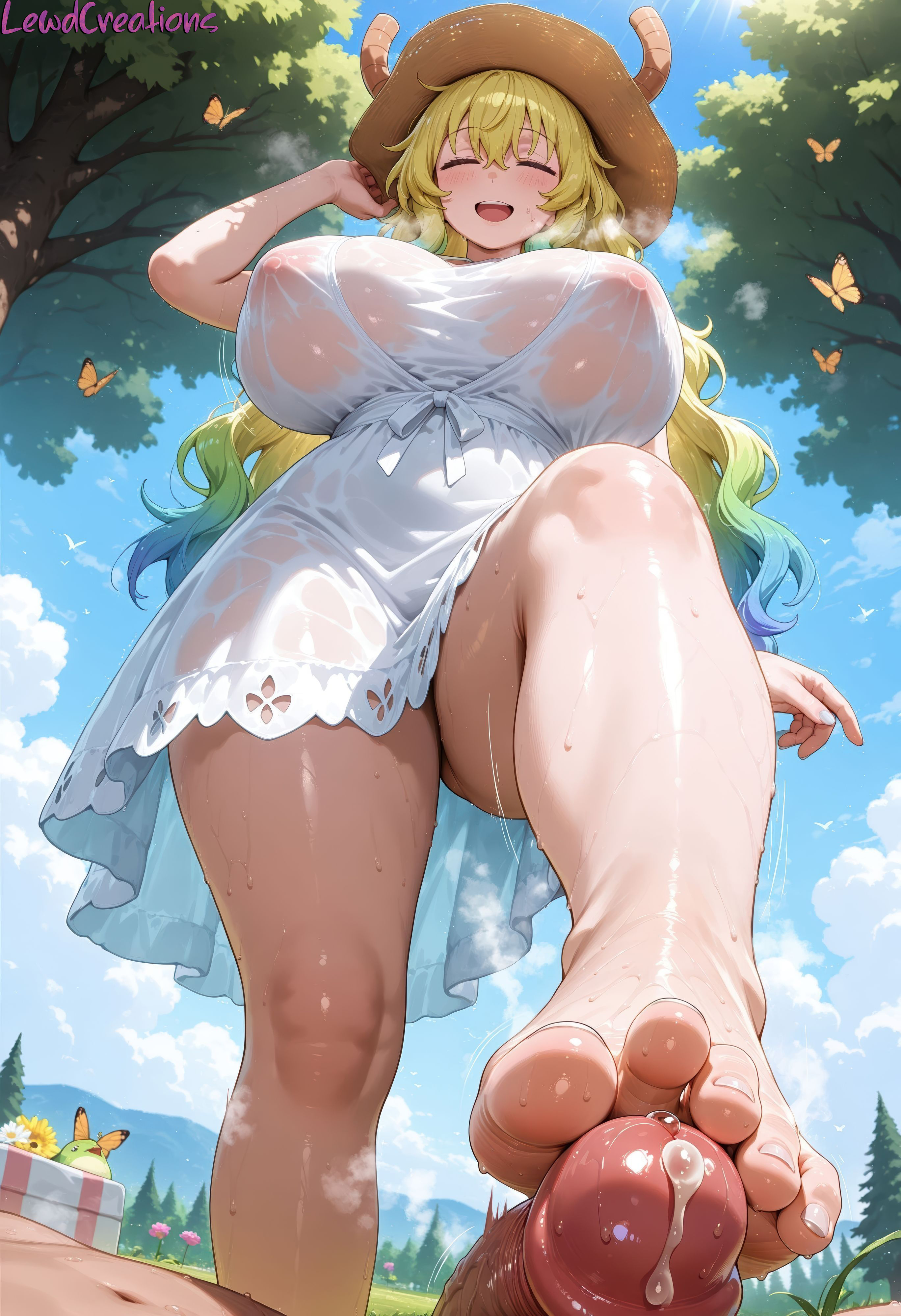 1boy, 1boy1girl, 1girls, absurd res, ai generated, barefoot, big breasts, blonde female, blonde hair, blush, blush lines, breasts, closed eyes, covered nipples, curvy, curvy figure, female, foot fetish, foot focus, foot on penis, foot worship, footjob, heterochromia, high resolution, highres, huge breasts, kobayashi-san chi no maidragon, lewdcreationsai, light skin, light-skinned female, lucoa, lucoa (maidragon), male, multicolored hair, open mouth, outdoors, painted toenails, penis, picnic, picnic basket, picnic blanket, plump, precum, precum drip, quetzalcoatl (dragon maid), sexually suggestive, smile, soles, stable diffusion, steam, steaming body, steamy breath, stomp, stomping, straw hat, sundress, sweat, sweatdrop, sweating, sweaty, sweaty foot, tagme, thick, thick ass, thick legs, thick thighs, thighs, toenail polish, toes, wrinkled soles, wrinkles