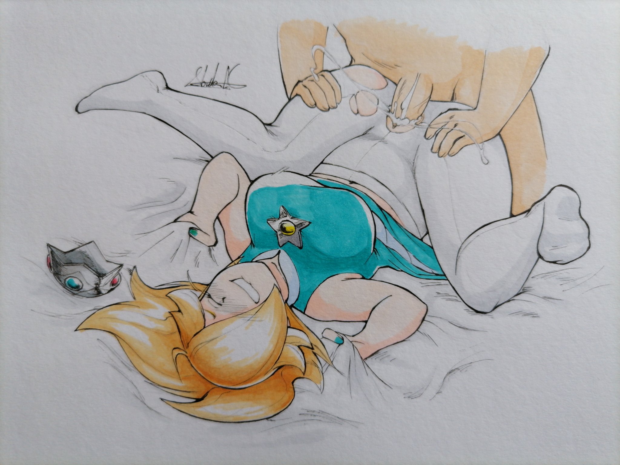 abesdrawings, ass, big ass, big breasts, big butt, breasts, clothed female nude male, clothed sex, clothing, drawn, female, male, mario, mario (series), mario tennis, nintendo, partial male, passionate, penis, pleasure face, princess, princess rosalina, sex, sheet grab, tennis, tennis uniform, white legwear