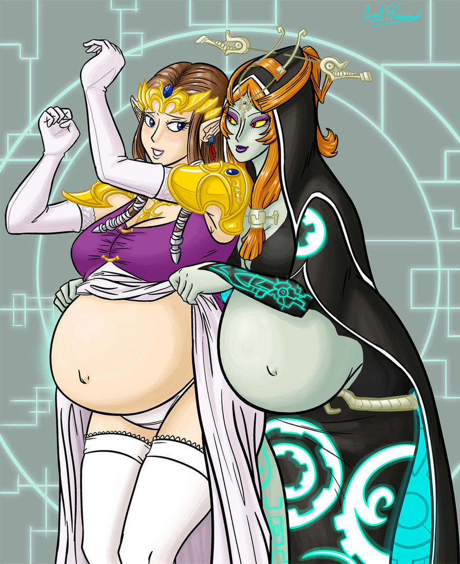 2d, 2d (artwork), 2girls, 2pregnancy, axel-rosered, brown hair, female, female only, ginger hair, grey body, grey skin, midna, multiple females, multiple girls, multiple pregnancies, nintendo, pregnant, pregnant belly, pregnant female, princess zelda, royalty, the legend of zelda, twili midna, twilight princess, yuri, zelda (twilight princess)
