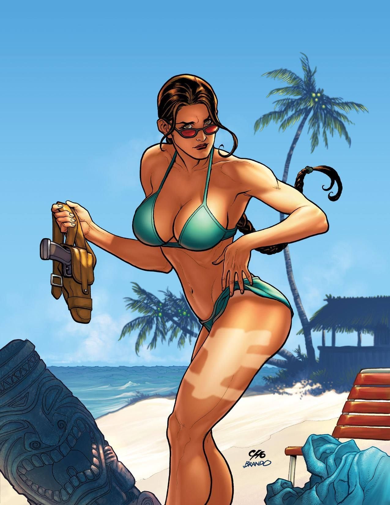 1girls athletic athletic_female beach belt bikini brown_hair clothing eyewear female female_only firearm frank_cho gun gun_holster handgun human lara_croft lara_croft_(classic) long_hair looking_over_eyewear looking_over_glasses looking_over_sunglasses muscles muscular muscular_female official_art pale_skin red-tinted_eyewear solo sunglasses swimwear tinted_eyewear tomb_raider weapon