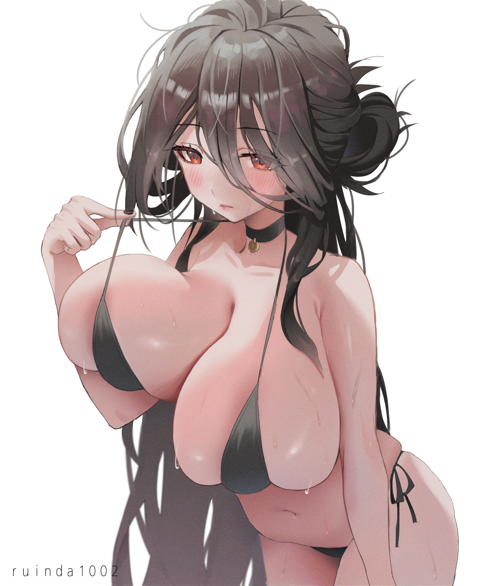 bikini, black bikini, black choker, blue archive, blush, breasts, choker, closed mouth, female, hair between eyes, hair bun, hasumi (blue archive), hasumi (swimsuit) (blue archive), huge breasts, long hair, looking at viewer, navel, official alternate costume, official alternate hairstyle, red eyes, ruinda, sidelocks, solo, stomach, swimsuit