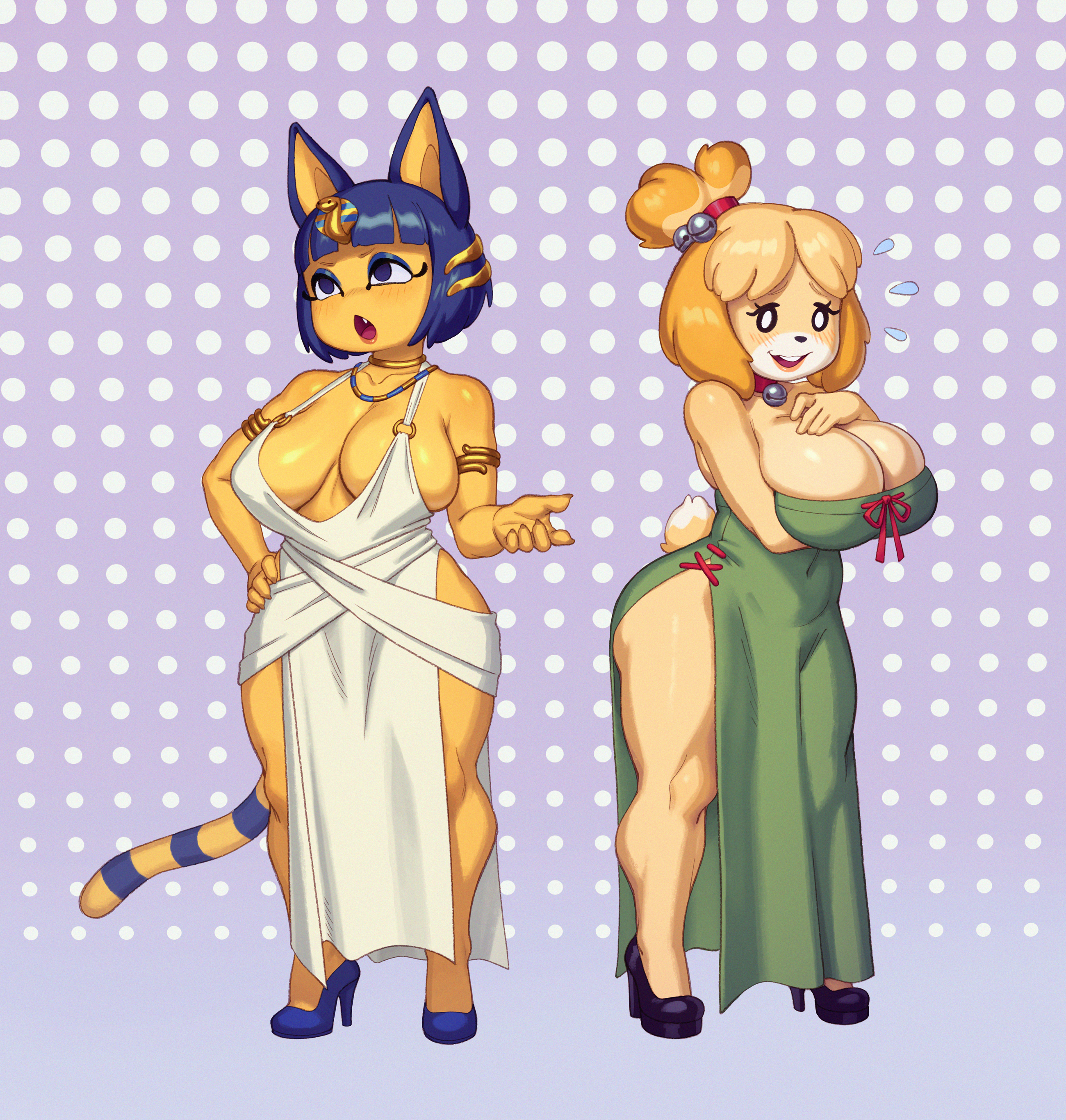 2girls, animal crossing, ankha, anthro, blue hair, blunt bangs, breasts, canid, canine, canis, choker, cleavage, cleavage overflow, cute fang, domestic cat, domestic dog, dress, fangs, felid, feline, felis, female, female only, footwear, hair ornament, high heels, isabelle (animal crossing), jewelry, navel visible through clothes, necklace, nintendo, rizdraws, sideboob, skindentation, tagme, tail, thick thighs